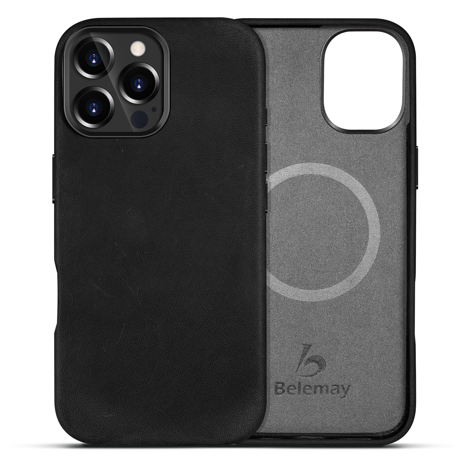 BelemayCompatible with iPhone 16 Pro Leather Case Compatible with Magsafe, Premium Crazy Horse Leather [Vintage Aesthetic] Unique Patina, Comfort & Soft Grip, Metal Buttons Cover (6.3") Antique Black