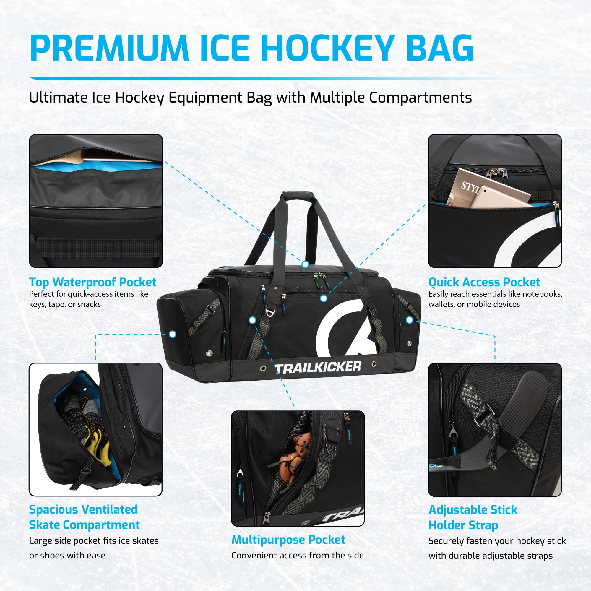 Borsa per attrezzatura da hockey di alta qualità, grande capacità, design traspirante, con sacco per casco, portabottiglie e coperture per le lame, 102 x 40 x 40 cm