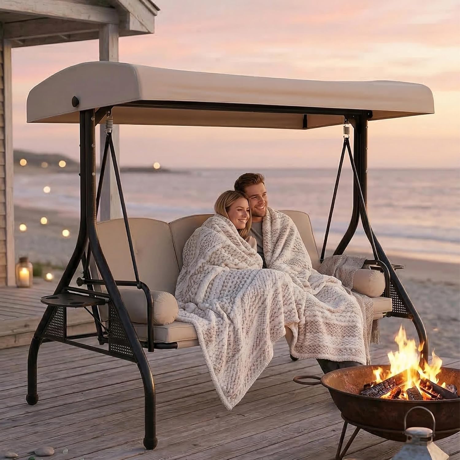 Porch Swing with Stand, Meatl Outdoor Swings for Adults, All Weather Outdoor Patio Swings with Canopy, Yard Swing with Canopy, 2 in 1 Swing Bed with Cupholders and Pillows for Backyard, Camel