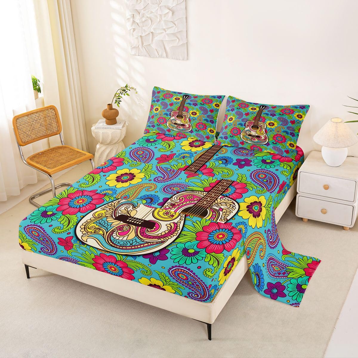Homewish Paisley zestaw prześcieradeł podwójne boho kwiatowe prześcieradła lata 70. hipisowska gitara muzyczna pościel - egzotyczny kwiat boho prześcieradła zestaw 4-częściowy