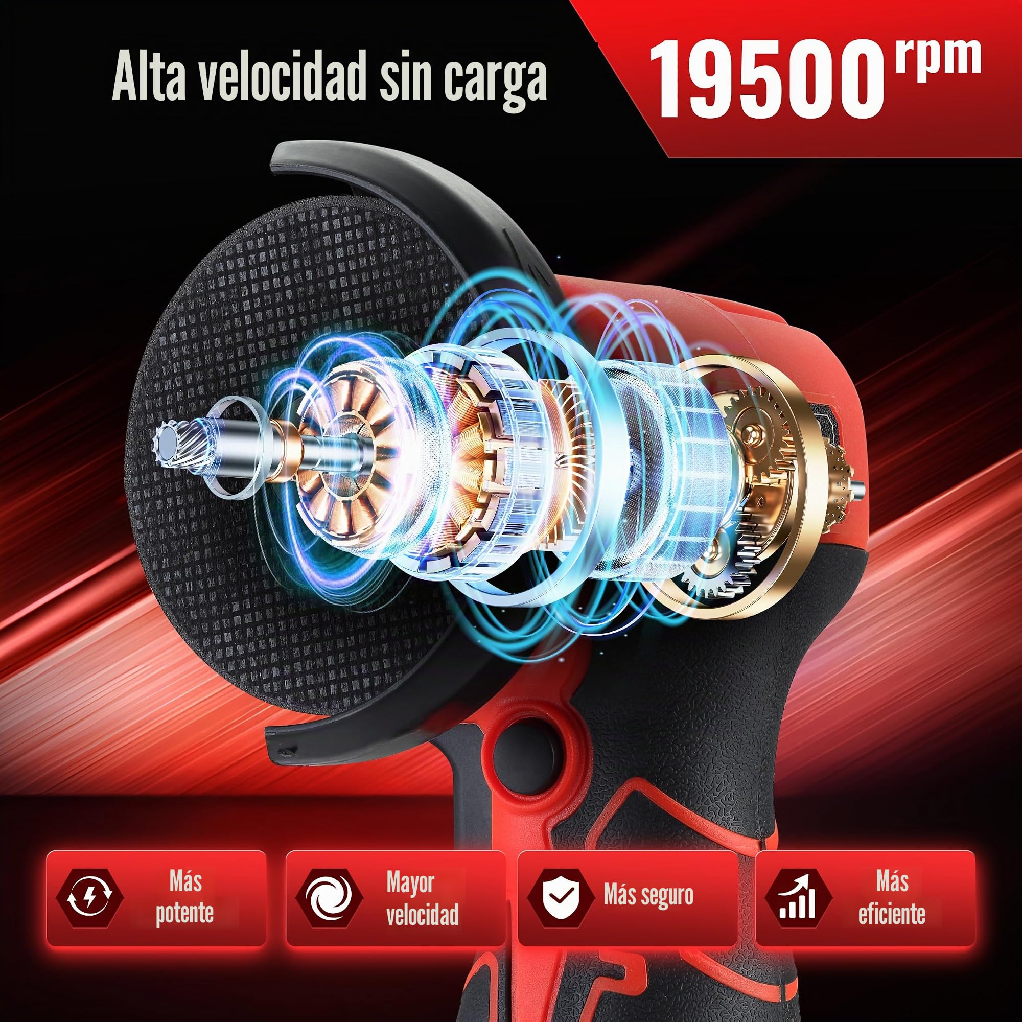 Amoladora Angular Inalámbrica TEENO 19500 RPM, Radial de Batería 76mm con 2 Baterías 2000mAh, Mini Amoladora Profesional + 6 Discos Corte, Kit Completo (Caja Plástica) - Para Esmerilar, Pulir, Cortar