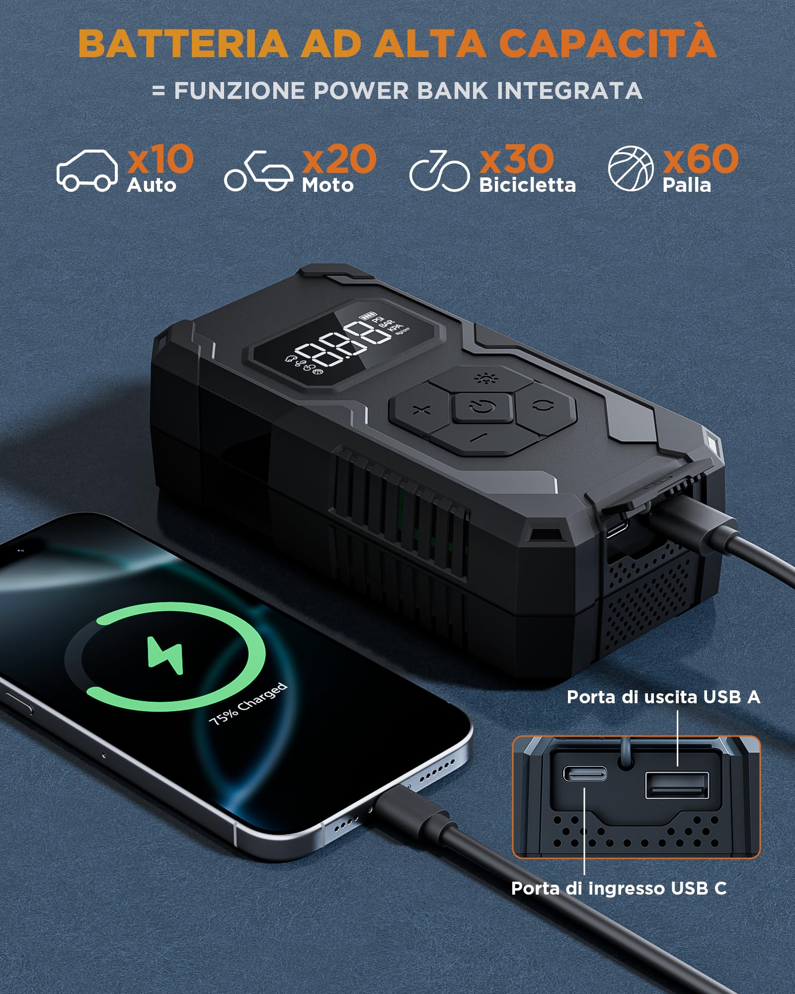 Tire Inflator Compressore Aria Portatile Senza Fili 150PSI, Batteria Ricaricabile con Manometro Digitale, Auto Spegnimento e Luce LED, Gonfiatore Elettrico per Auto, Moto, Bici, Palloni, Nero