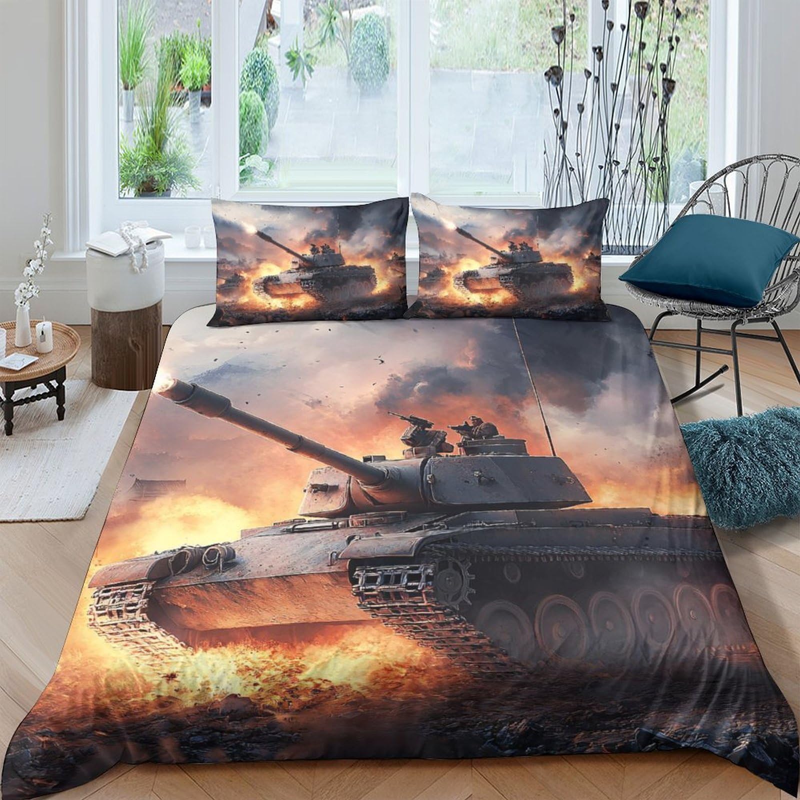Ctjqhvkz Style-9 3D Printed Battle Tank Fitted Sheet Microfiber Soft Breathable Fire Explosion Bed Cover For Bedroom Dorm Decor Single（135X200cm）