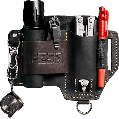 Miniatura 8 de FESA Funda multiherramienta de cuero para cinturón, organizador de cuero EDC para cuchillo de bolsillo táctico, linterna y bolígrafo, con gancho