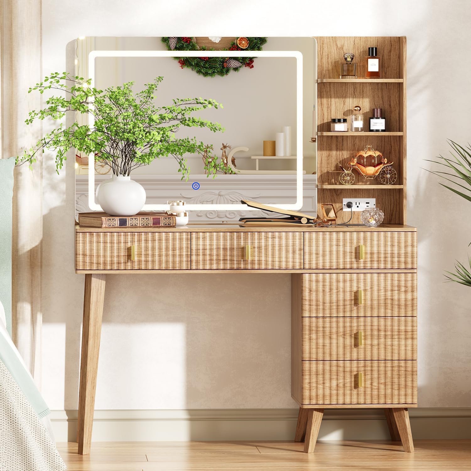 Photo 1 of ***STOCK PHOTO FOR REFERENCE ONLY*** Ieejdn Large Makeup Vanity Desk with Mirror and Lights, Vanity Desk with 6 Drawers & Storage Shelves, Vanity Table with Power Outlet, 3 Color Modes & Adjustable Brightness Dressing Table, Bedroom,Oak