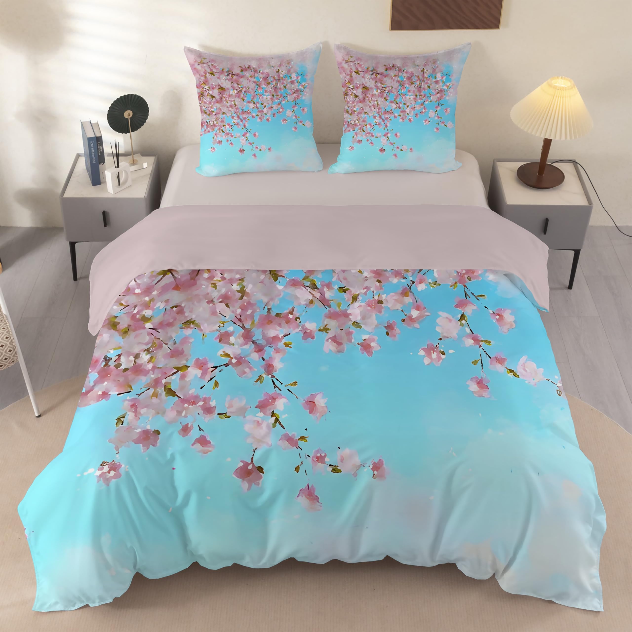 Housse de couette 240x260 fleurs de cerisier 2 personnes en microfibre