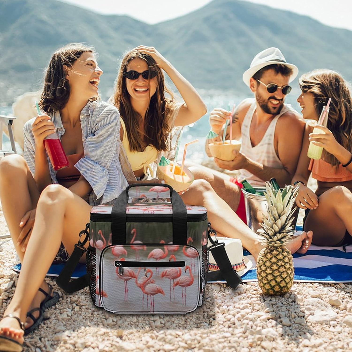 Large-Capacity Oxford Cloth Pink Flamingos Printed Camping Ice Bag, Outdoor Portable Insulation and Cold Storage Bag, Enjoy A Cool Camping Time