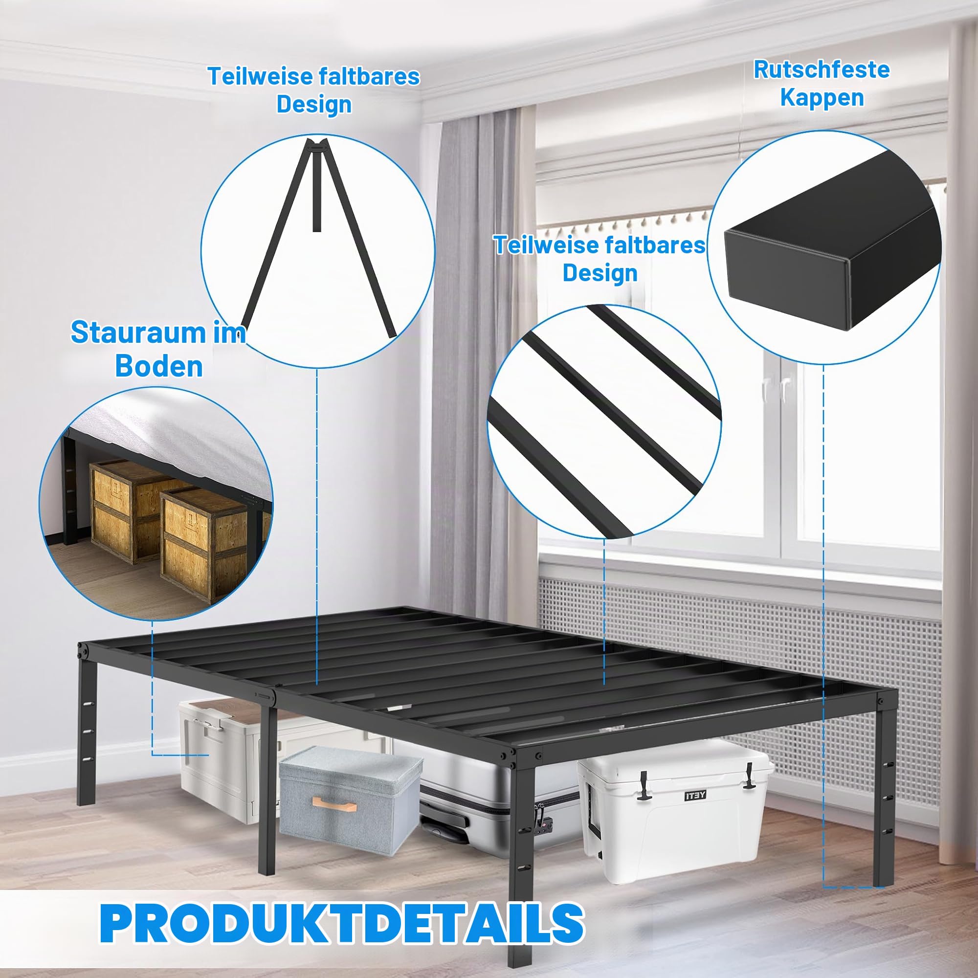 SUBTLETY Klappbare Einzelbettgestell 90x200cm Metall Bettrahmen Modern Jugendbett mit Lattenrost belast bis 160KG Unterbettaufbewahrung Gästebett Schwarz Bettgestell für Schlafzimmer/Gästezimmer/Büro
