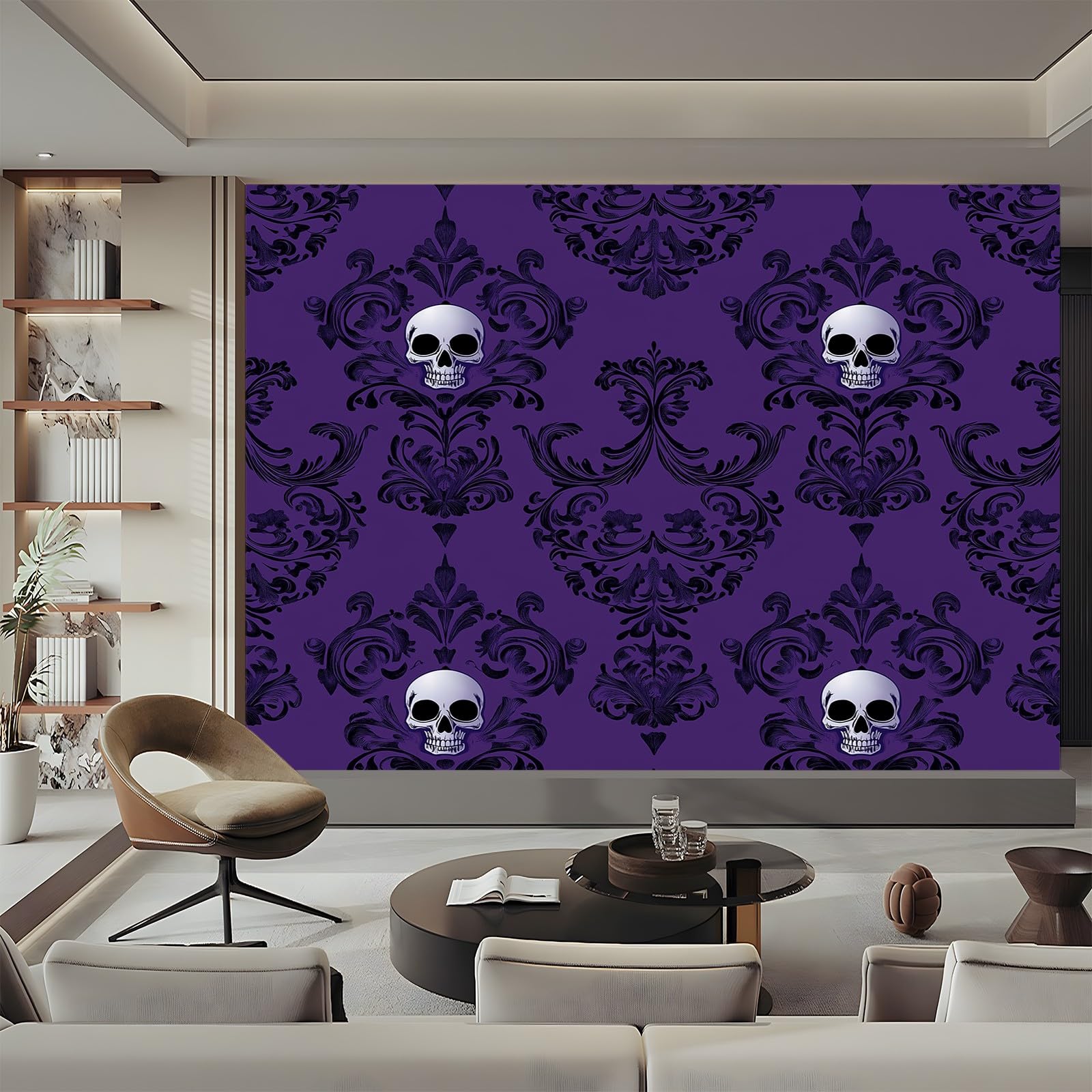 Panoramiczna tapeta z czaszką gotycki wzór fioletowy biały 200 x 140 cm (szer. x wys.), tapeta 3D duże ściany plakat do salonu, pokoju dziecięcego dla dorosłych tapeta z włókniny do sypialni