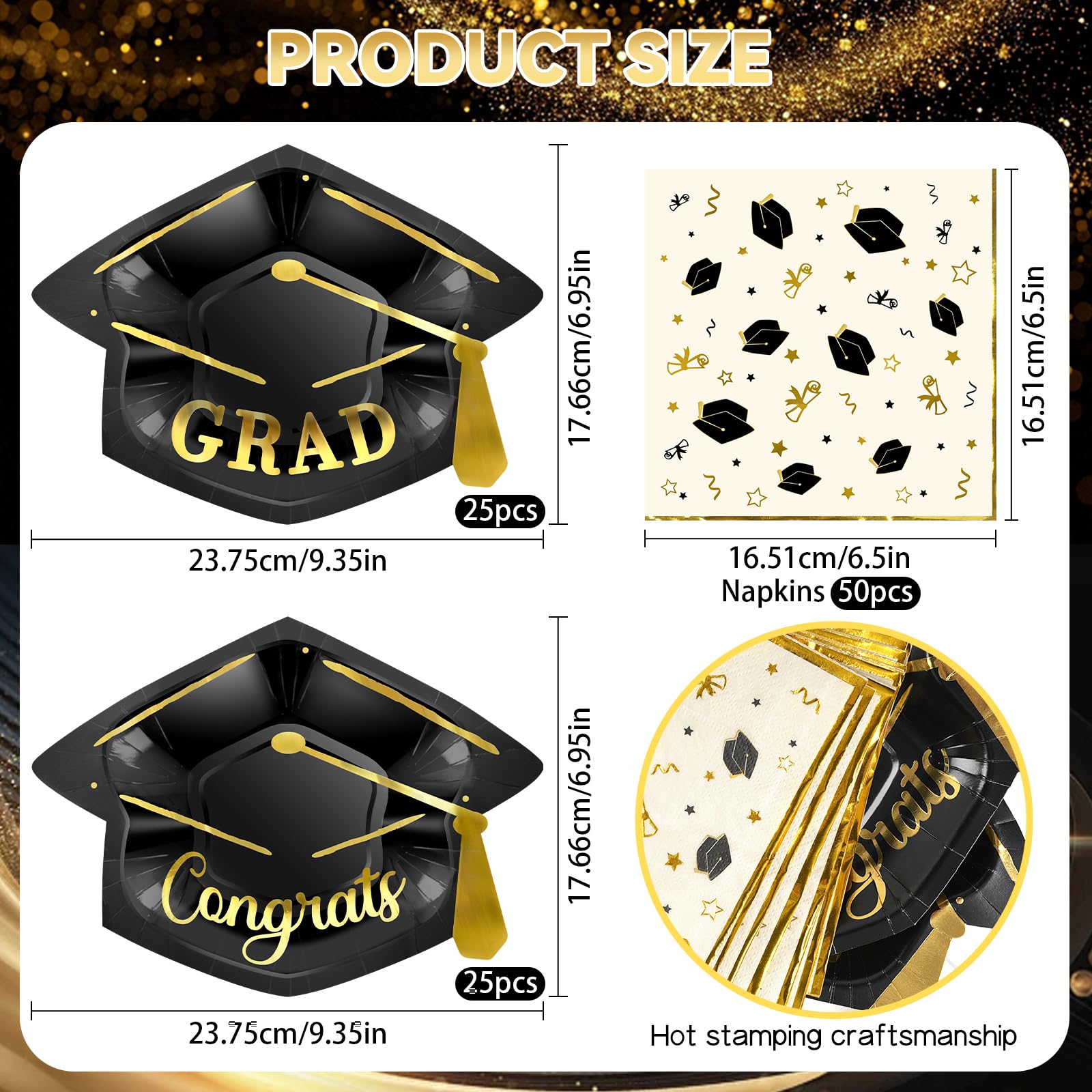 OuMuaMua Ensemble de vaisselle de fête de remise de diplôme, 100 assiettes et serviettes en papier en forme de bonnet pour la classe de 2025, félicitations, remise de diplôme, pour 50