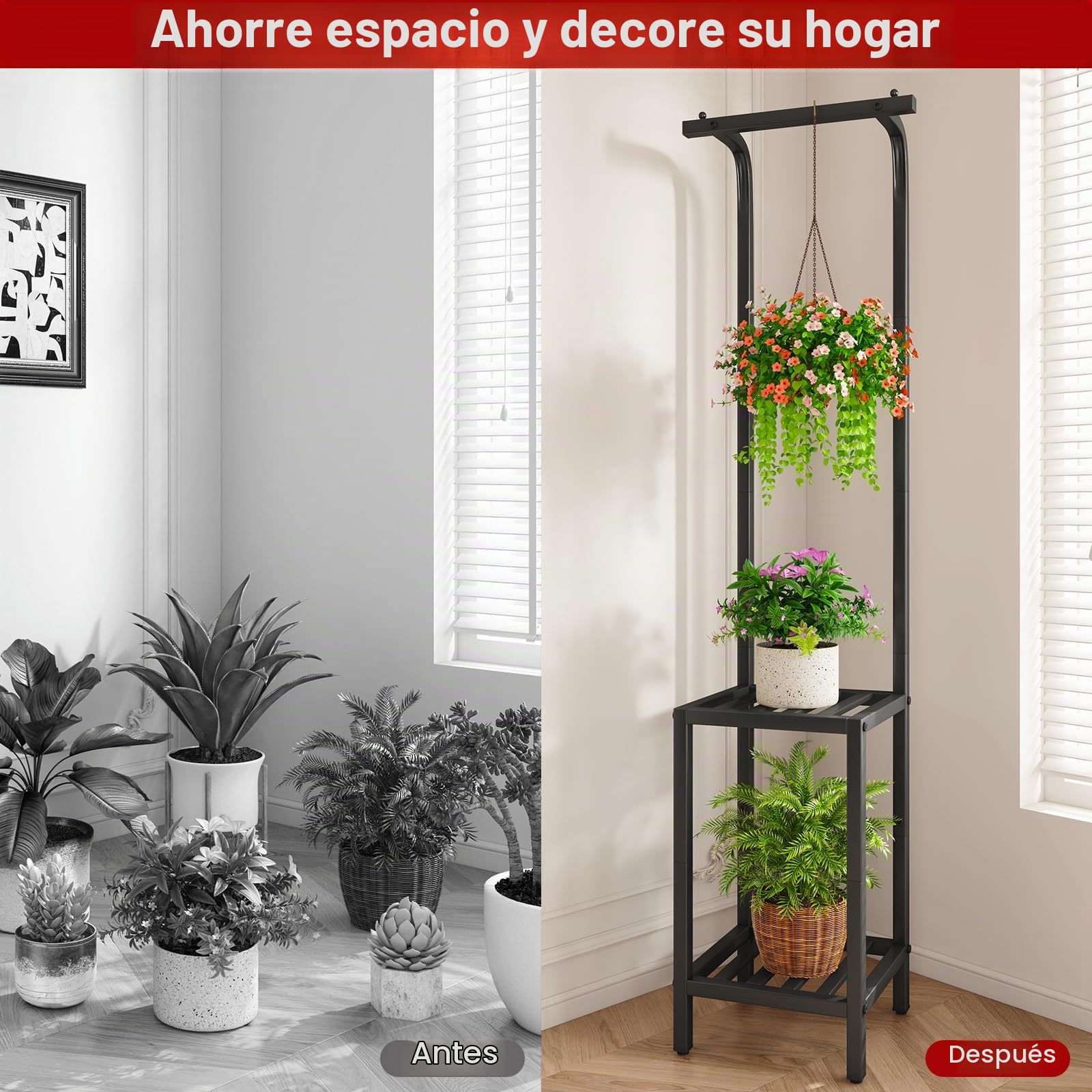 IBUYKE 170cm de Alto Soporte para Plantas para Interior, 3 Niveles de Metal Colgante Estante para Flores, Estantería para Plantas Soporte para Flores para Salón Balcón Jardín, Negro TMJ076B