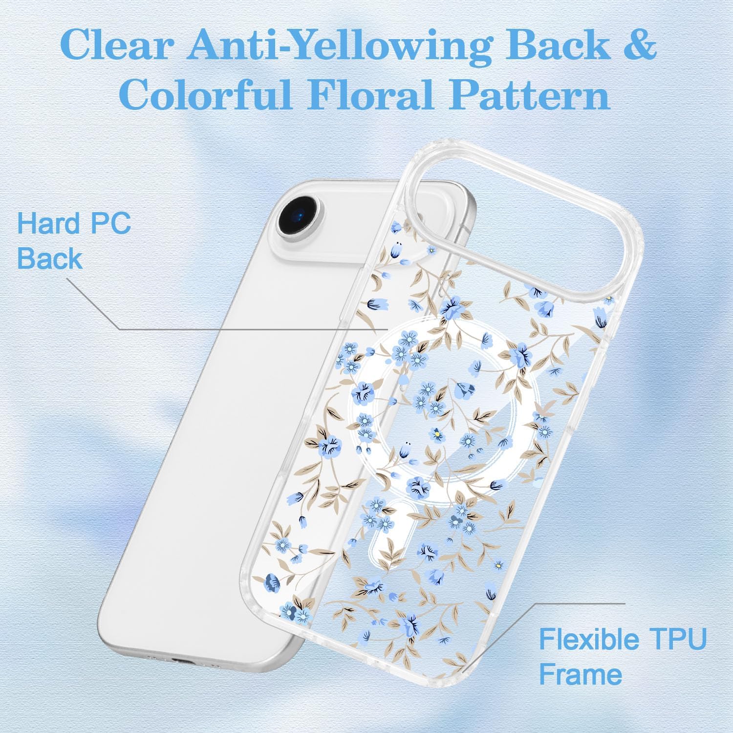 QLTYPRI Magnetic for iPhone Air Case Compatible with Magsafe, Cute Floral Flower Aesthetic Phone Case Slim Clear Anti-Yellowing Shockproof Phone Cover for Girls Women - Blue - Image 5
