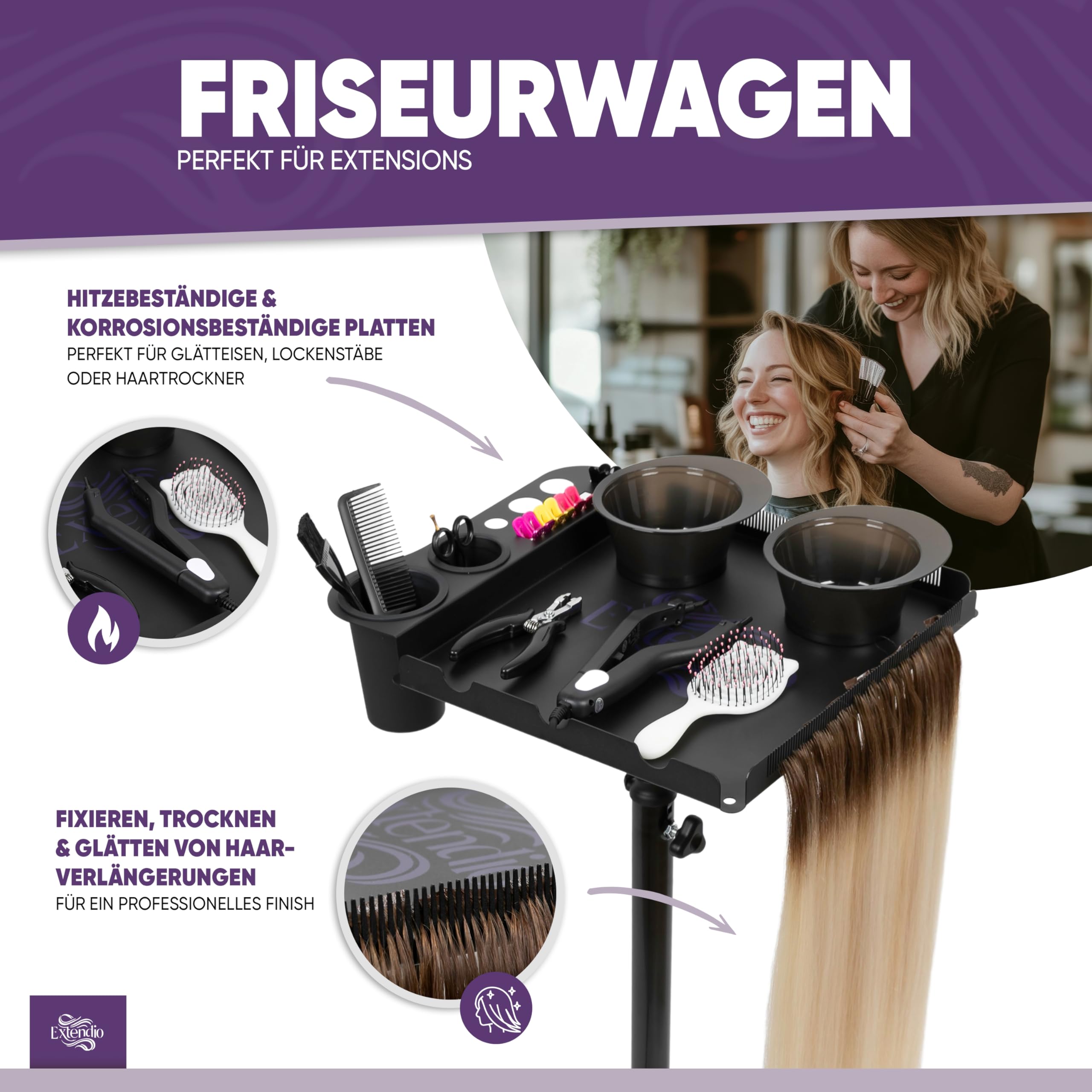 Mobiler Friseurwagen Salon Trolley mit 2 magnetischen Schüsseln, Fönhalterung, hitzebeständig, Kammlineal für Extensions