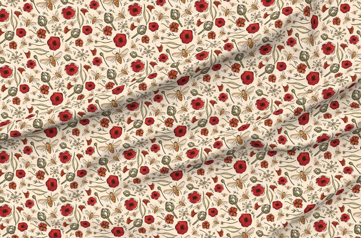Spoonflower Fabric - Art Bee Bees Artichoke Poppy Floral Hive Honeybee Smaller Scale Printed on Organic Cotton Sateen Fabric by The Yard - Sewing Quilting Apparel Home Decor