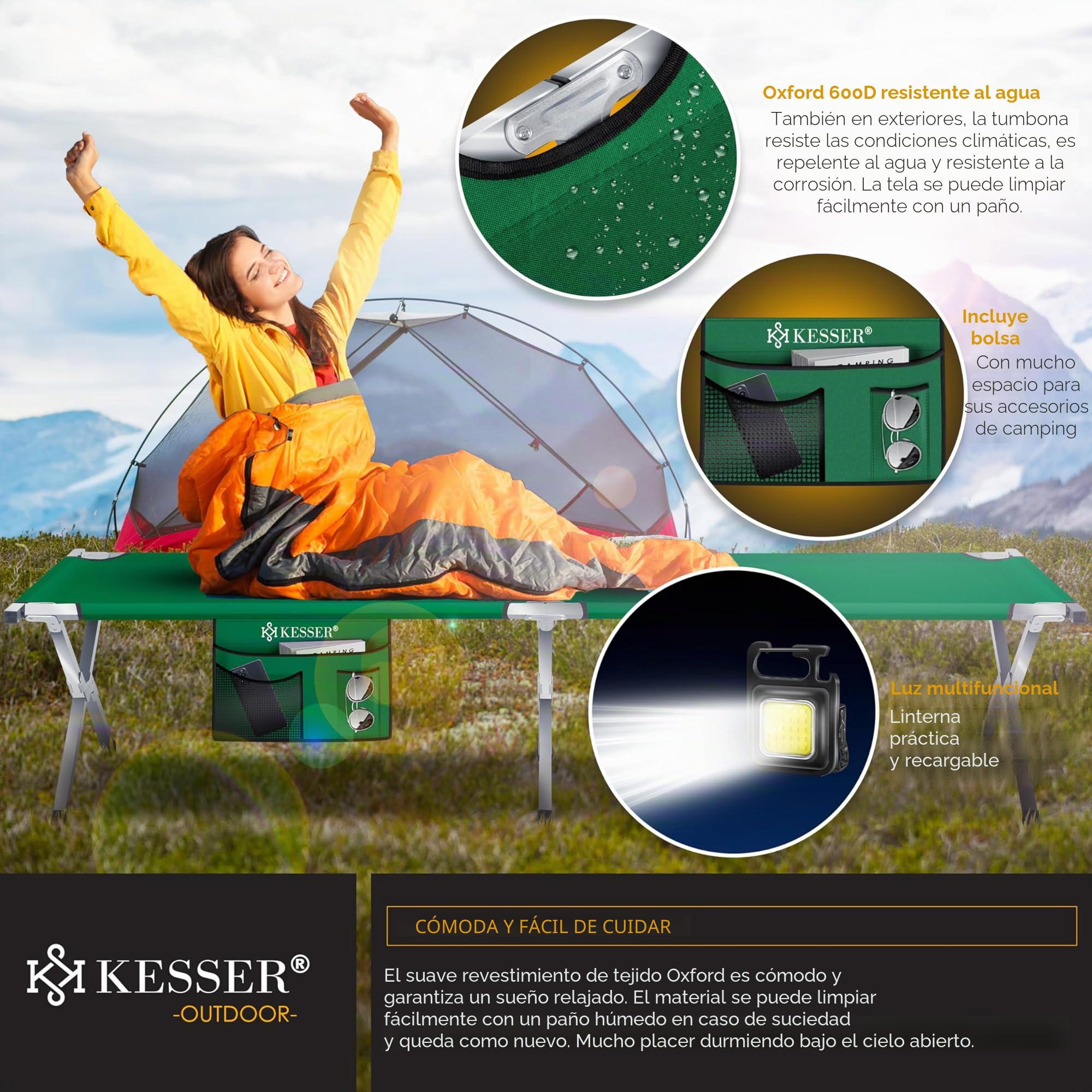 KESSER® Cama de Camping Plegable Resistente con Bolsa de Transporte, Bolsillo Lateral y Luz de Camping | 190x73x45cm hasta 150 kg Tubo de Metal | Tela Oxford 600D Portátil Cómoda | Verde