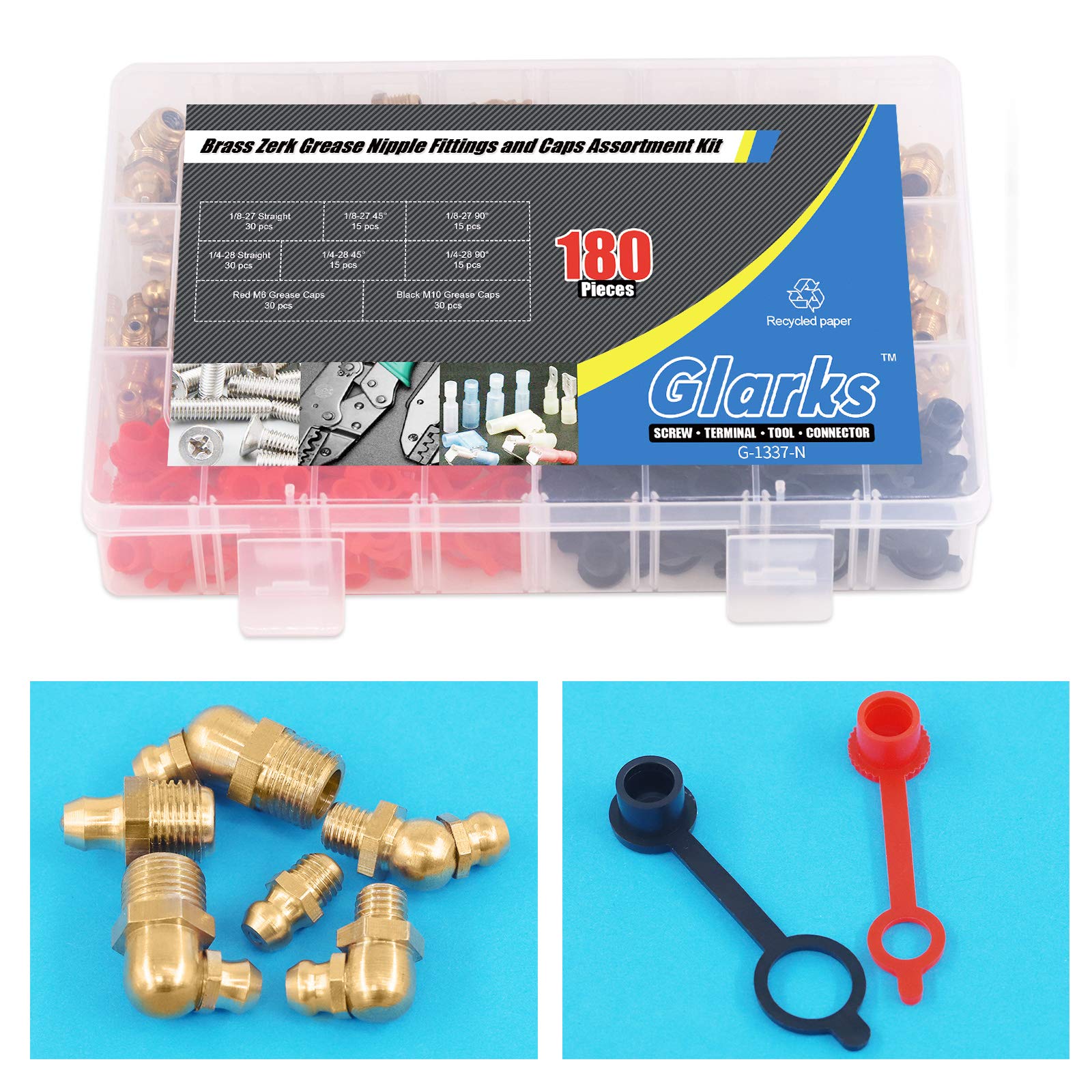 Glarks Lot de 180 raccords de graisse hydrauliques en laiton SAE standard droit et 90 degrés et 45 degrés avec 60 capuchons rouges et noirs
