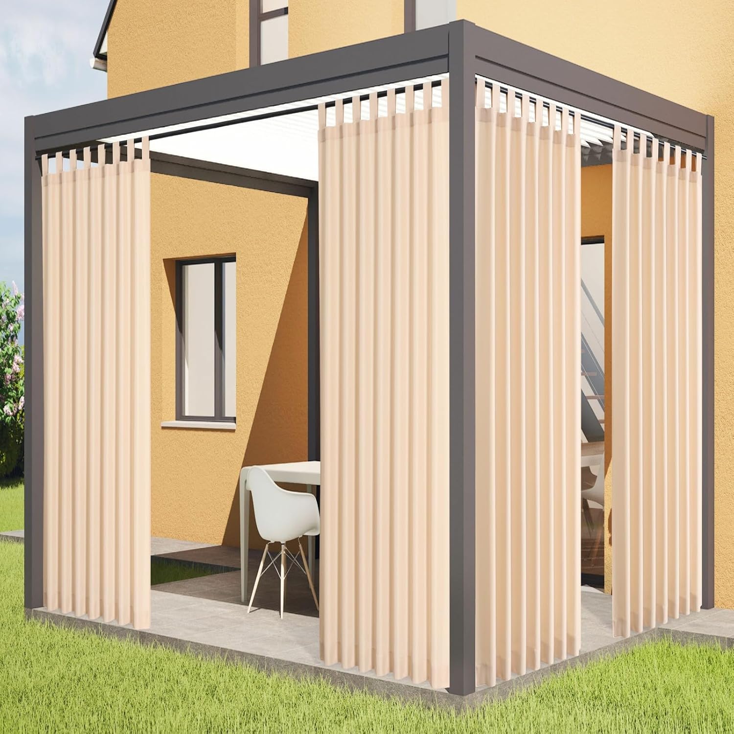 Flyfun Outdoor Curtains for Patio Waterproof - Windproof Gazebo Curtains Outdoor Tab Top Curtain Panels,4 Panel, 52" W x 108" L, Beige
