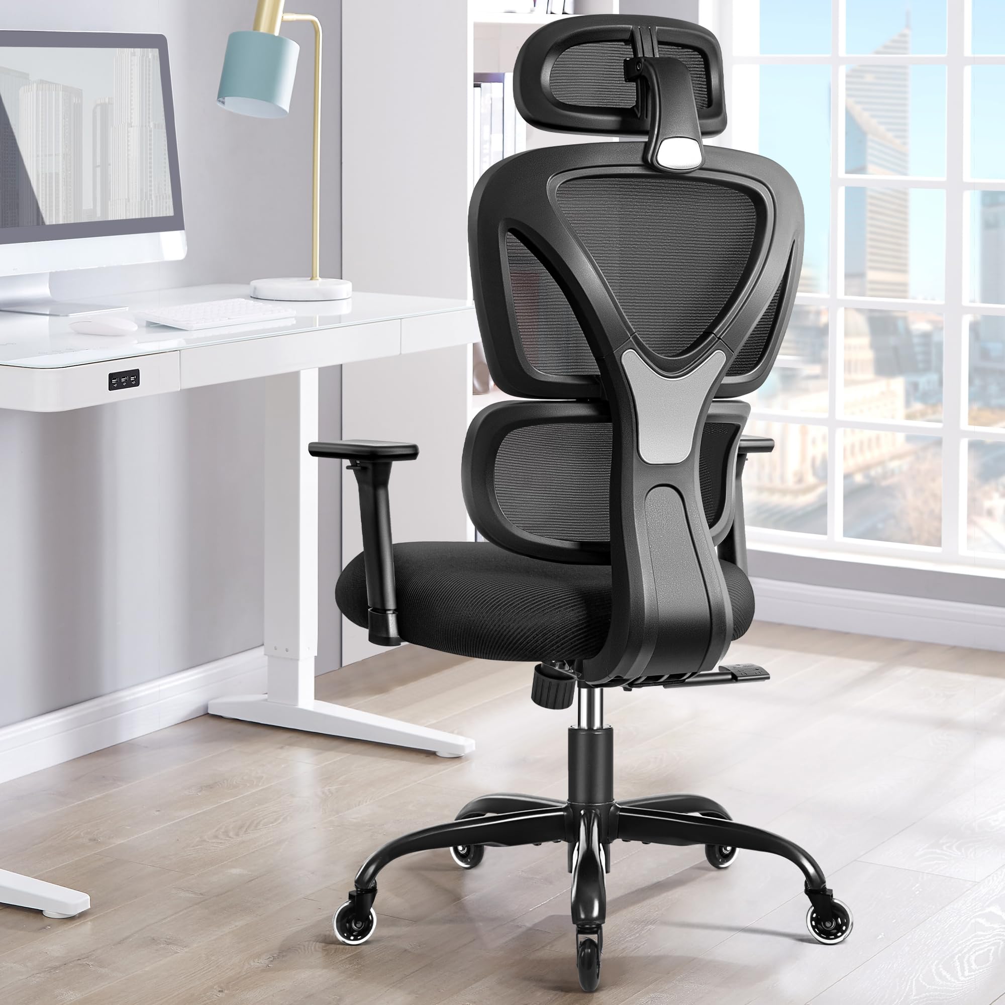 KERDOM Sedia da Ufficio, Sedia Scrivania Ergonomica,con Poggiatesta Regolabile, Braccioli, Supporto Lombare, Sedia Ergonomica contro il Dolore alla Schiena, 150kg/330lbs, 9070F Nero