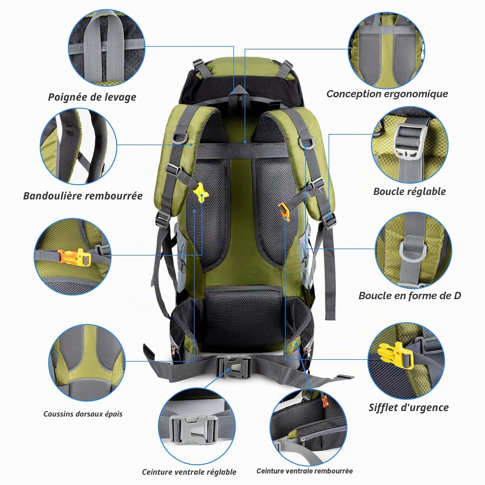 Night Cat 90L Sac à Dos de Randonnée Trekking avec Housse de Pluie pour Homme Femme Camping Pédestre Voyage et Alpinisme