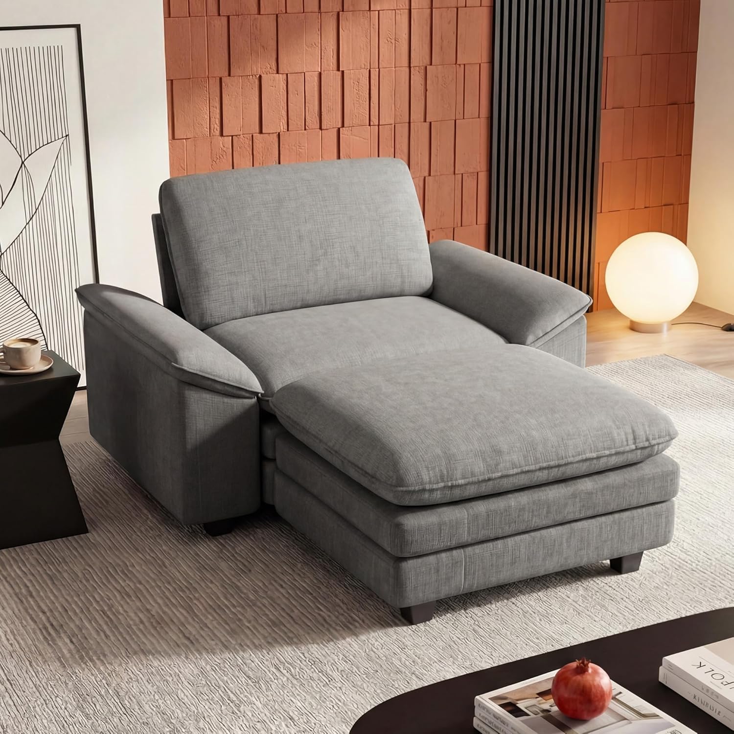 YESHOMY Oversized Chaise Lounge Chair Indoor, 54" Single Sofa Couch with Ottoman, Sleeper Sofa Bed, Comfy Cloud Deep Seat Couches with Padded Armrest, Reading Chairs for Living Room, Grey