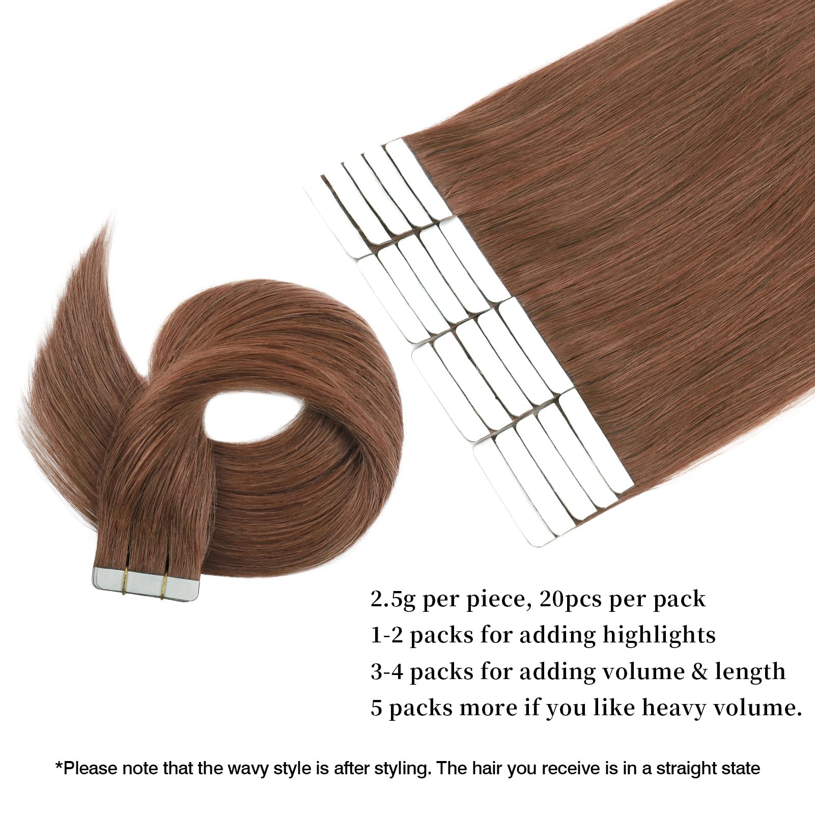 ABH AMAZINGBEAUTY HAIR Tape in Hair Extensions Human Hair Straight Color Copper #33 14inch Natural Skin Weft Remy Tape Hair Extensions 20Pcs 30g - Image 3