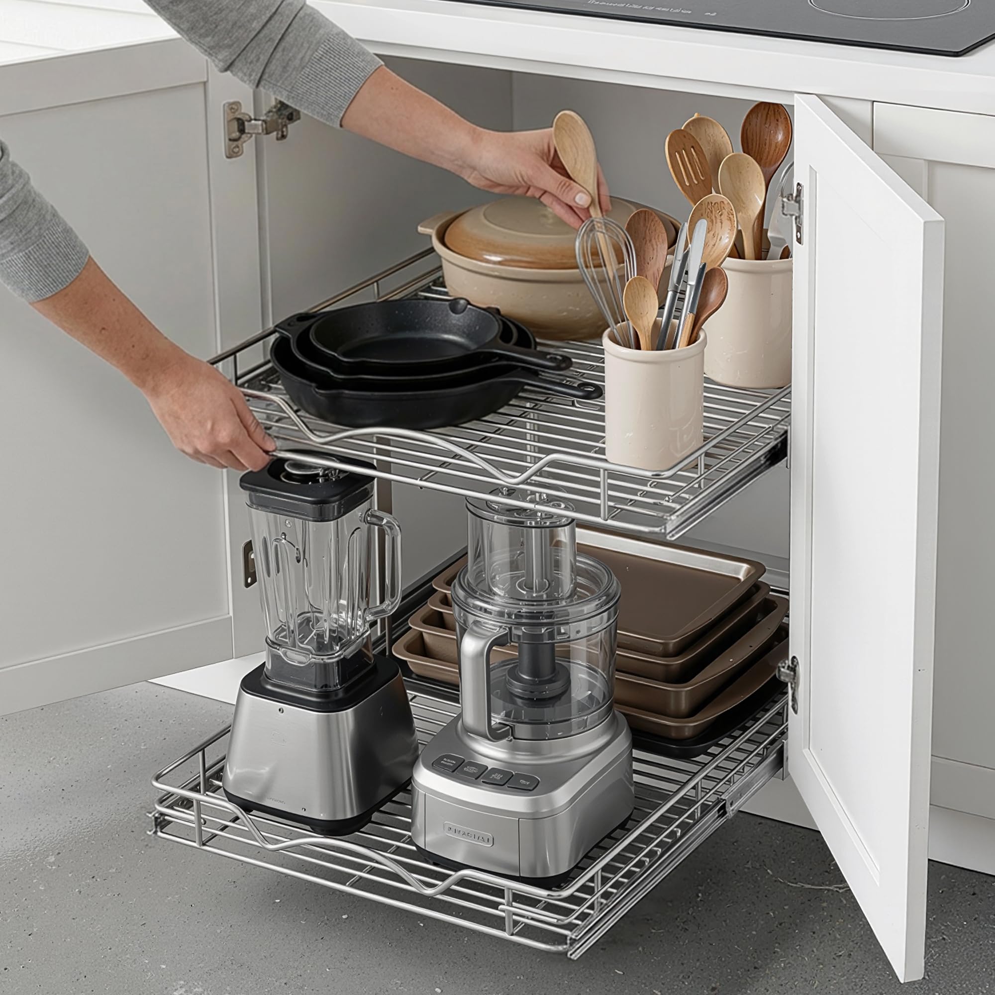 Hold N' Storage - Organizer per armadietti estraibili a 2 livelli, in metallo resistente, 21,6 cm di larghezza x 53 cm di profondità x 41,6 cm di altezza