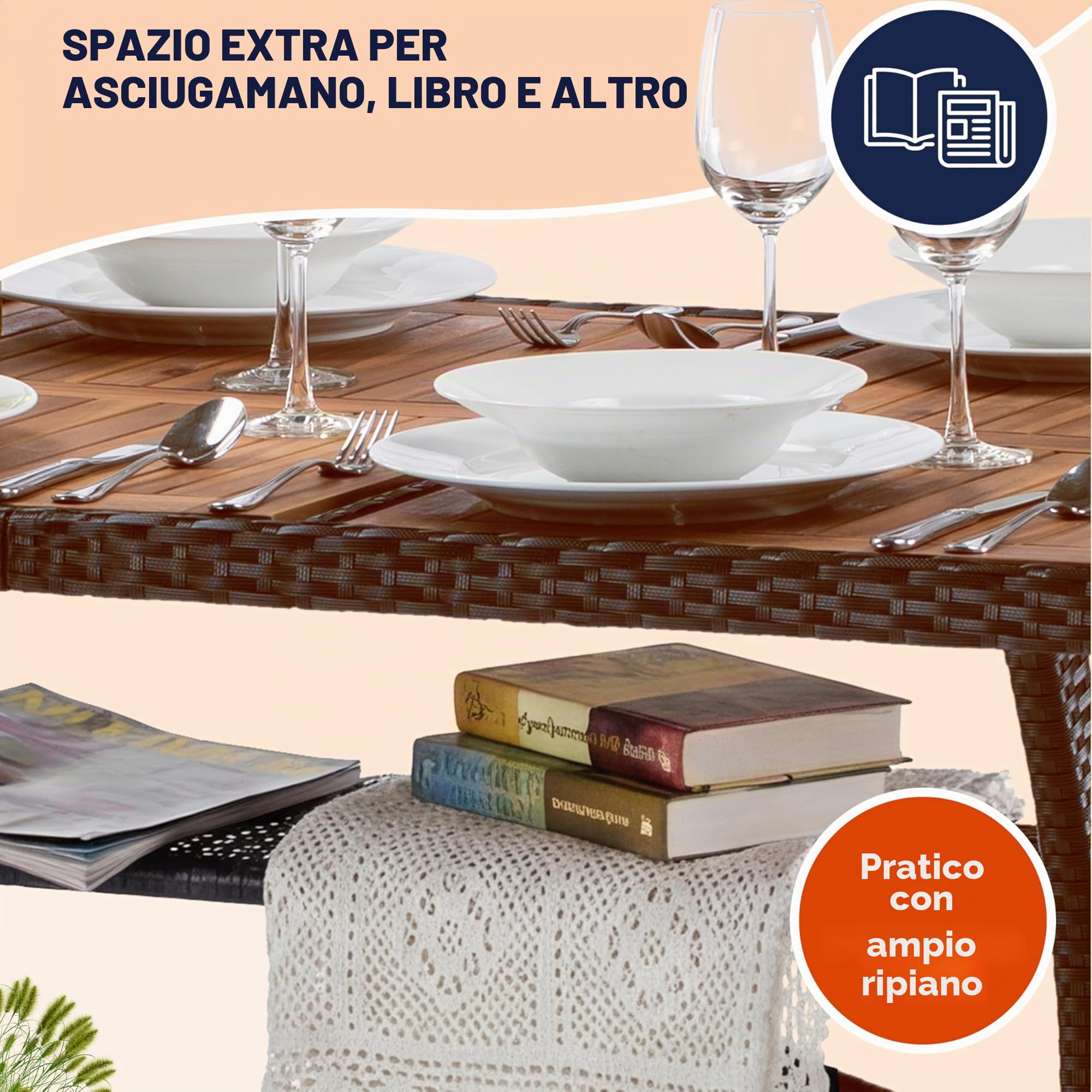Casaria Tavolo da Giardino in Polyrattan Ripiano in Legno di Acacia 190x90x74cm Regolabile in Altezza per Esterno Pranzo Terrazza