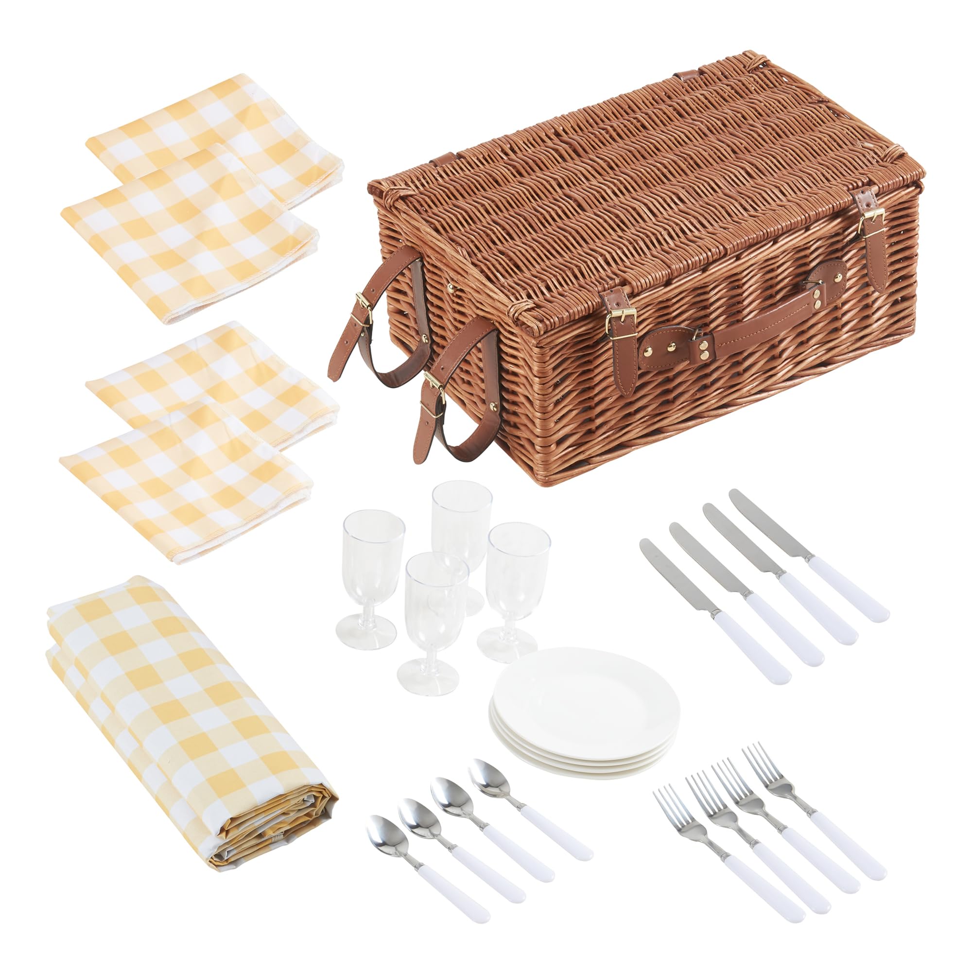 casa.pro Juego de Cesta de Pícnic Brindisi para 4 Personas con Manta Platos Cubiertos Compartimento Aislado Forro a Cuadros Correas de Polipiel Mimbre 46 x 31 x 20 cm - Blanco/Amarillo a Cuadros