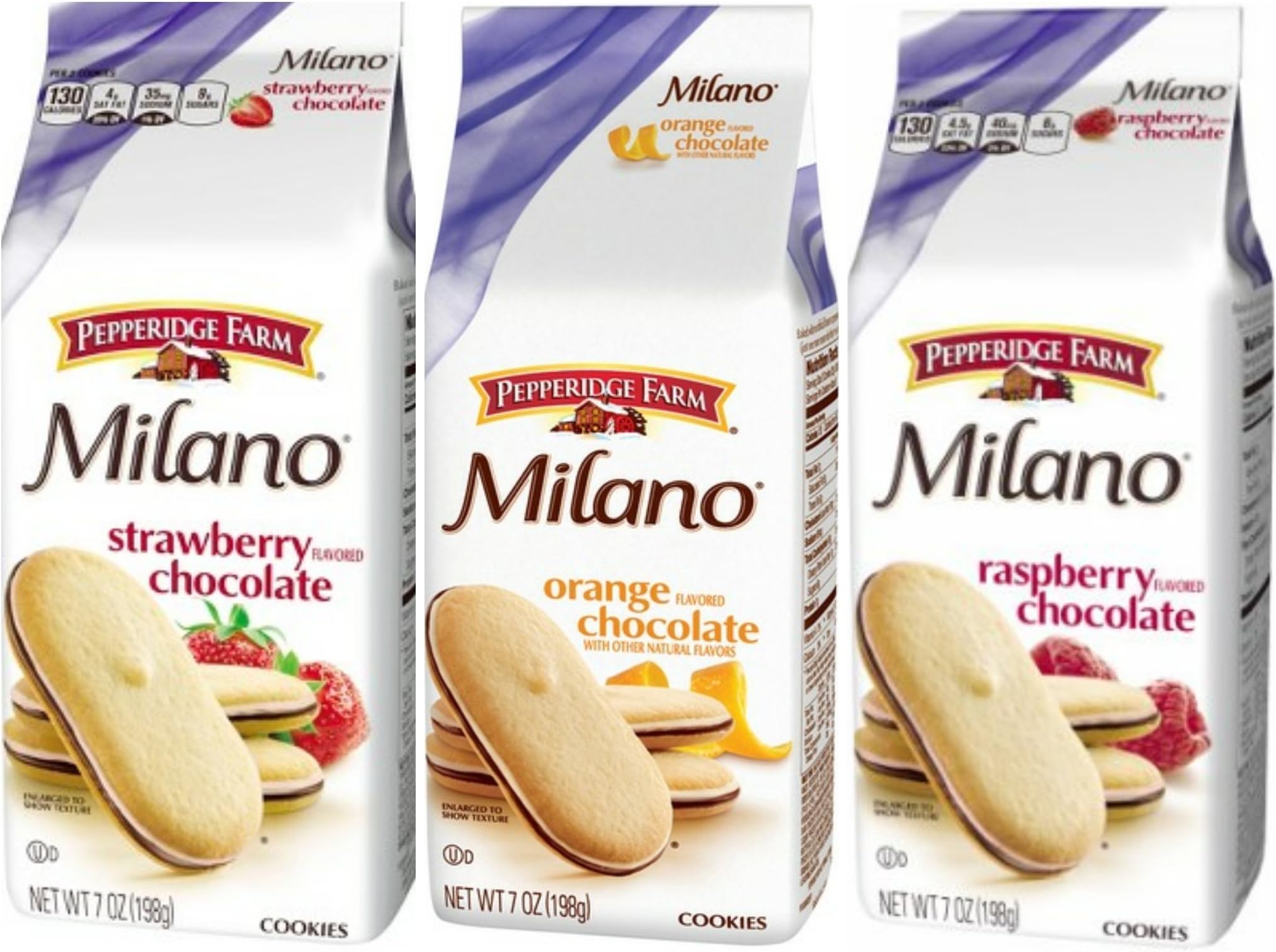 Pepperidge Farm "New" Milano Strawberry Flavored Chocolate, 7 Oz., Orange Flavored Chocolate, 7 oz., & Raspberry Flavored Chocolate 7 Oz. Cookies