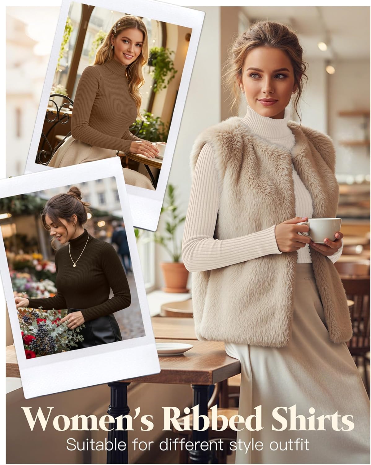 3 Pack Women’s Ribbed Turtleneck Tops Long Sleeve Cotton Stretch Shirts Slim Fit Base Layer Undershirt Tees(Dark Brown, Coffee, Cream,Medium)