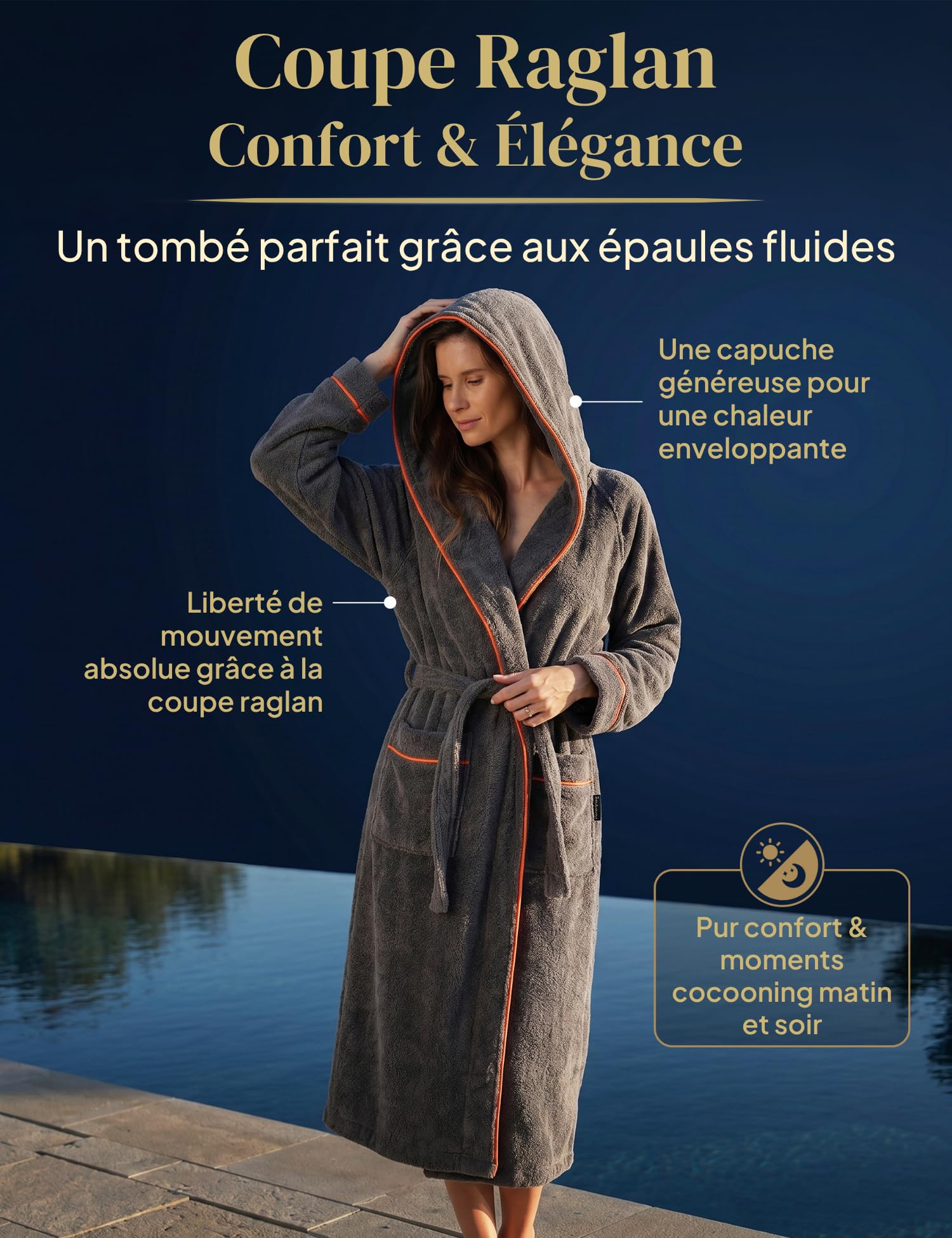 Peignoir de Bain Femme en Coton douillet 400 g/m2 avec Capuche - robe de chambre femme extra doux et confortable - taille XS/S/M/L/XL - peignoir de bain sauna en éponge certifié OEKO-TEX