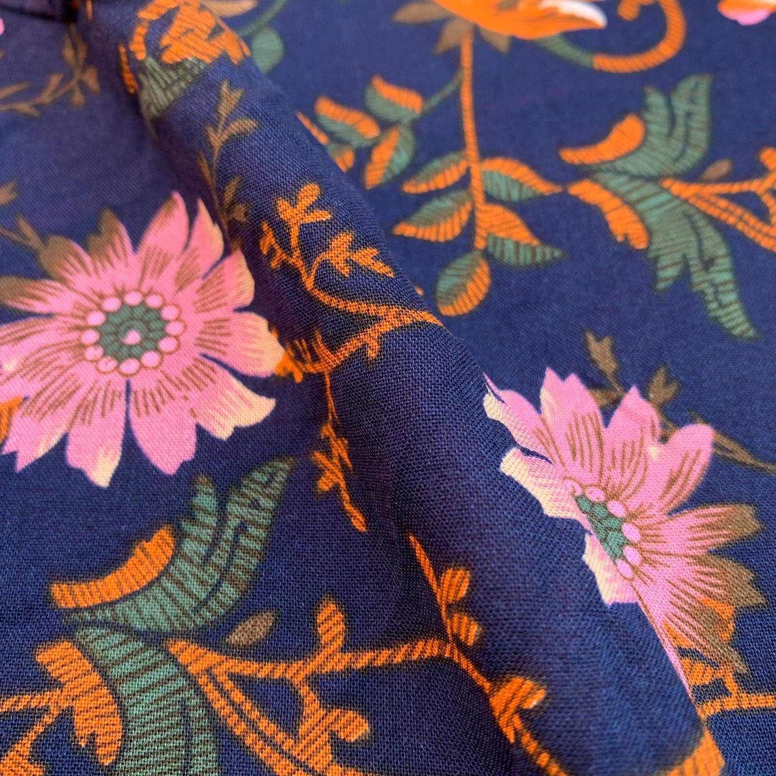 Leila Floral Navy Blue Print Viscose Challis Soft Draping Dress Fabric Material 55" 140 cm Wide - Sold Per Metre