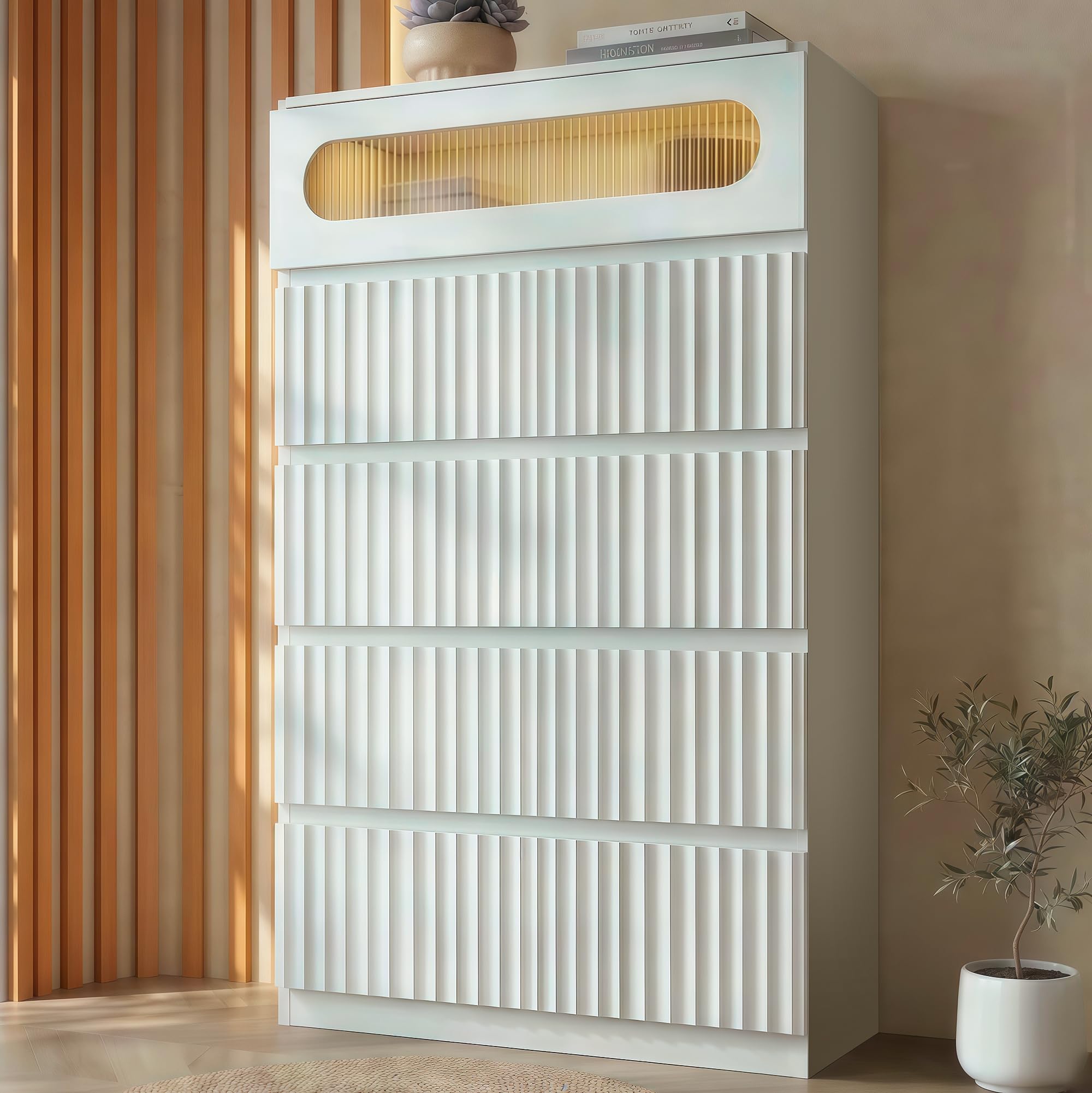 Tall Fluted 5 Drawer Dresser with LED Ambient Lights for Bedroom