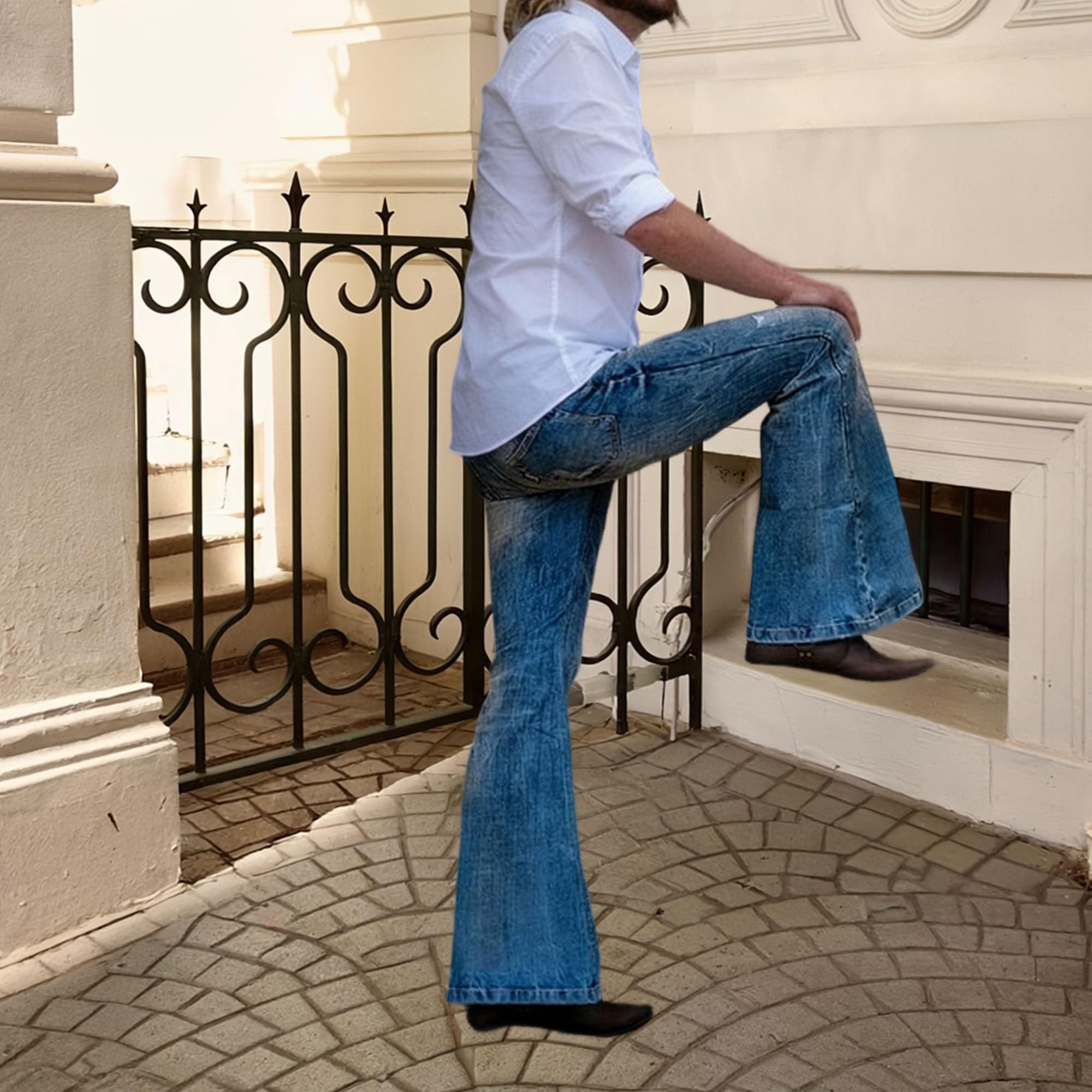 Jeans da uomo blu svasati classici da discoteca retrò a campana jeans vintage rilassati svasati denim pantaloni anni '60 anni '70