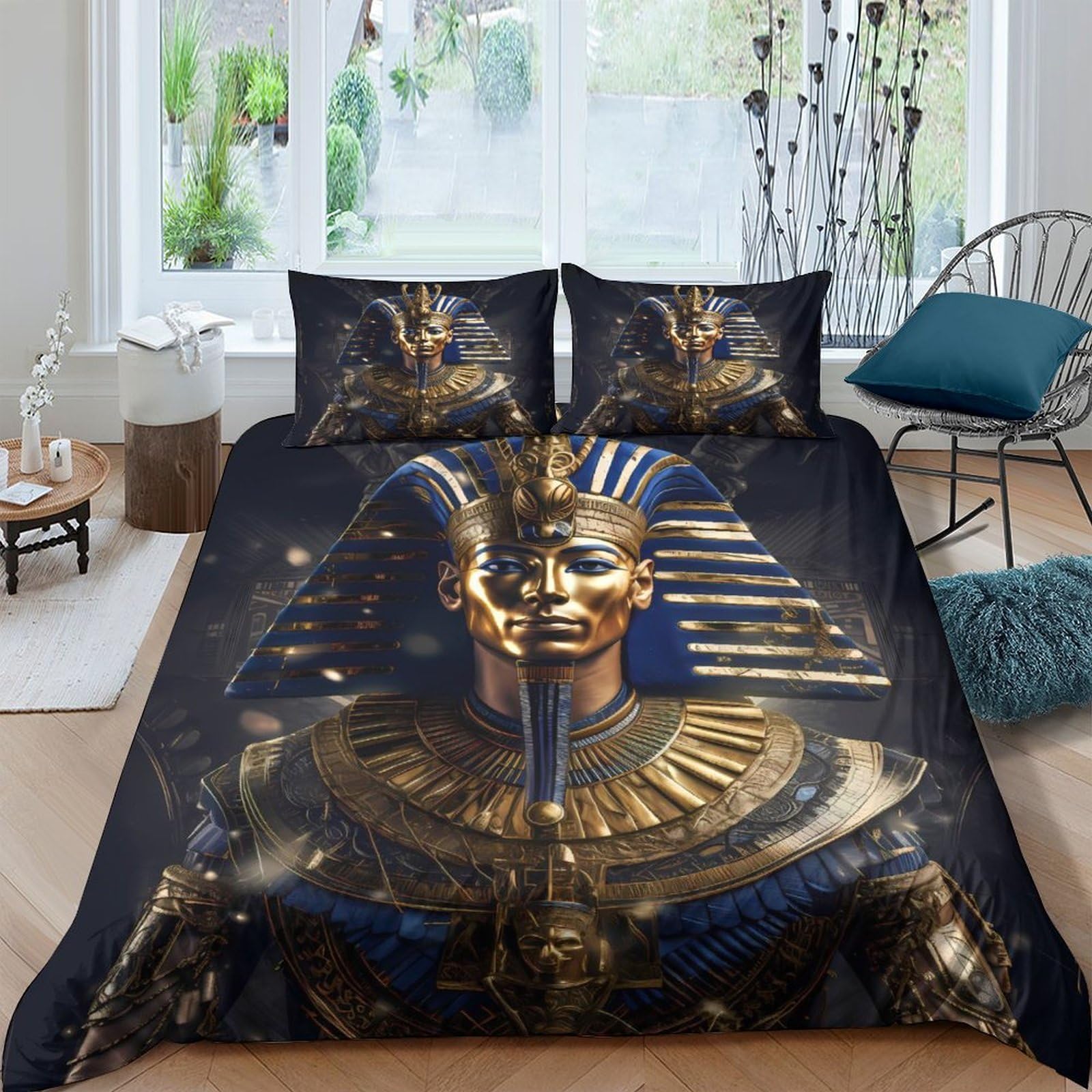 Ctjqhvkz Style-6 3D Printed Egyptian Pharaoh Fitted Sheet Microfiber Gold Blue Ancient Egypt Mattress Cover For Bedroom Home Decor Single（135X200cm）