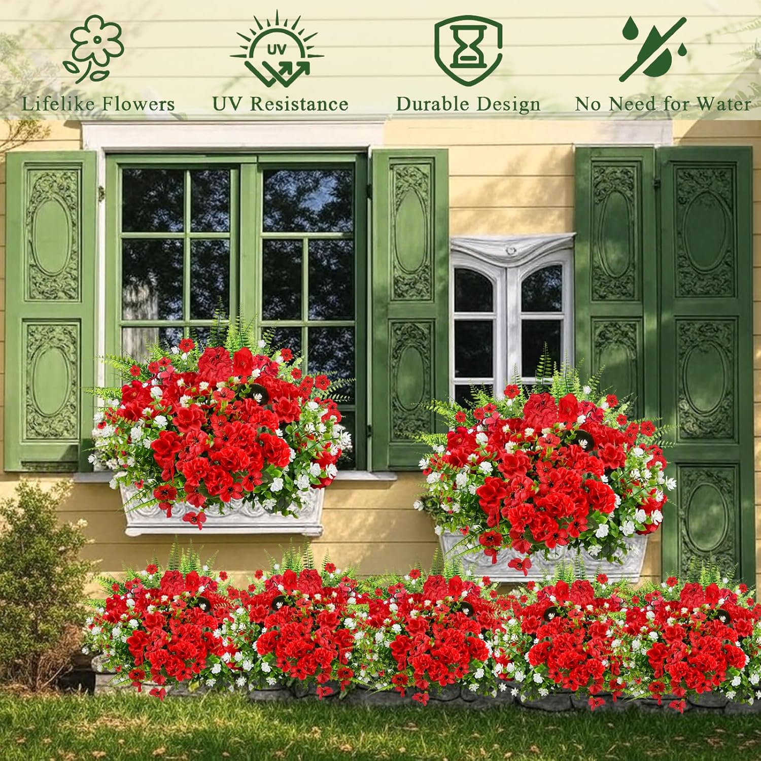 12 Bundles Artificial Geraniums Flowers for Outdoors Decoration UV Resistant Fake Geranium Silk Flower Realistic Faux Plants for Garden Porch Patio Planter Front Door Home Decor (Mix Red)