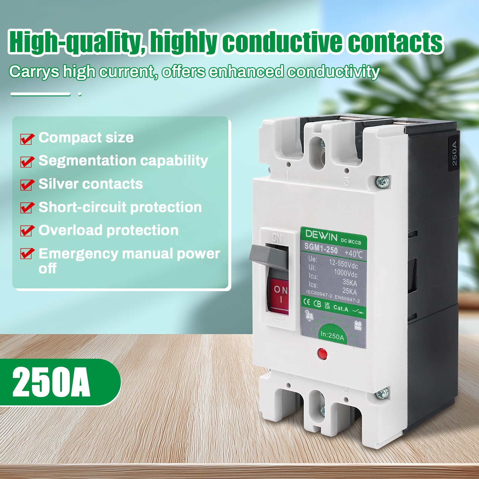 DEWIN DC Leitungsschutzschalter 250A, DC-Leistungsschalter MCCB Gehäuse Solar Batterie Hauptschalter Batterie Trennschalter 2P 250A 500V