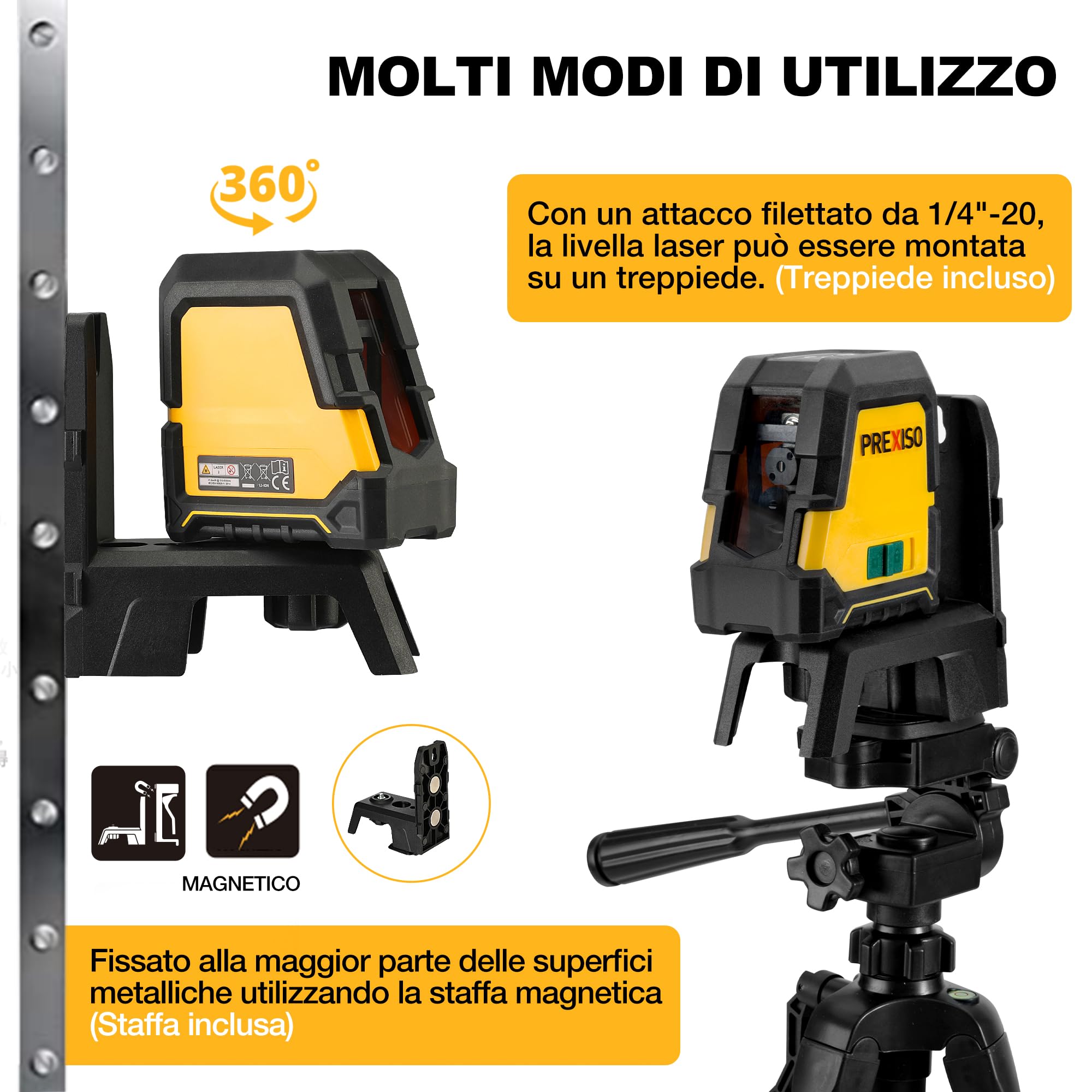 PREXISO Laser a Linee, Livella a Linea Laser, Livella Autolivellante, Laser a Linea Verticale/Orizzontale, Laser Verde con 3 Modalità, Livella Laser Professionale con Supporto Magnetico e Treppiede