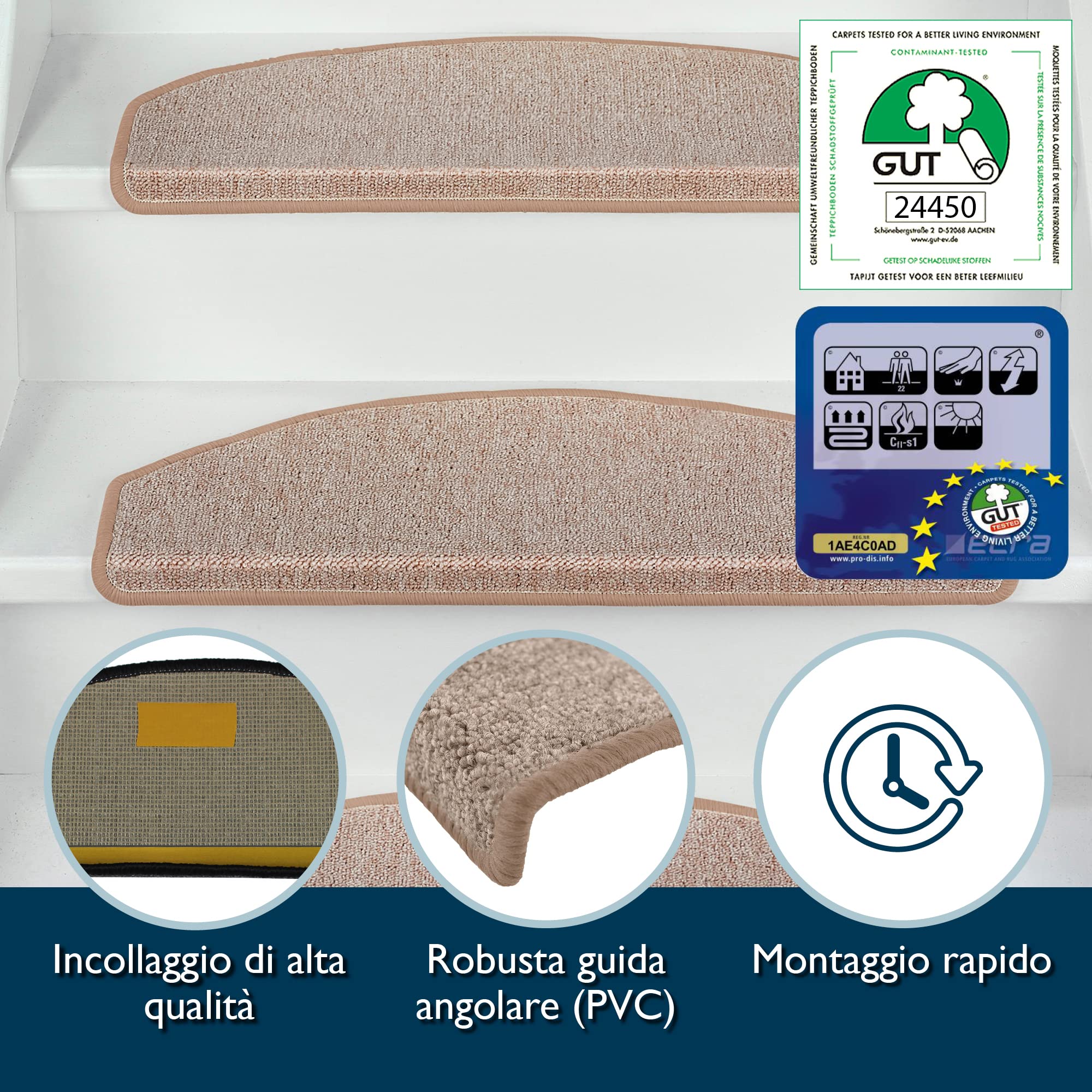 Beautissu Tappeti per Scale Coprigradini ProStair 65x24cm - Set da 15 passatoie Singole per gradini - Tappetino Antiscivolo e Fonoassorbente con Retro Adesivo - Sicuro ed Elegante - Sabbia