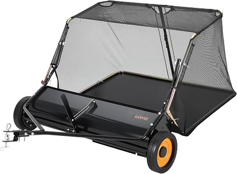 Garvee Tow Behind Lawn Sweeper, 44 Inch Pull Behind Lawn Sweeper, 26 cu. ft Large Hopper Leaf Collector, Heavy Duty Yard Sweeper with Adjustable Brush Height Lever for Yard and Grass Cleanup Tool
