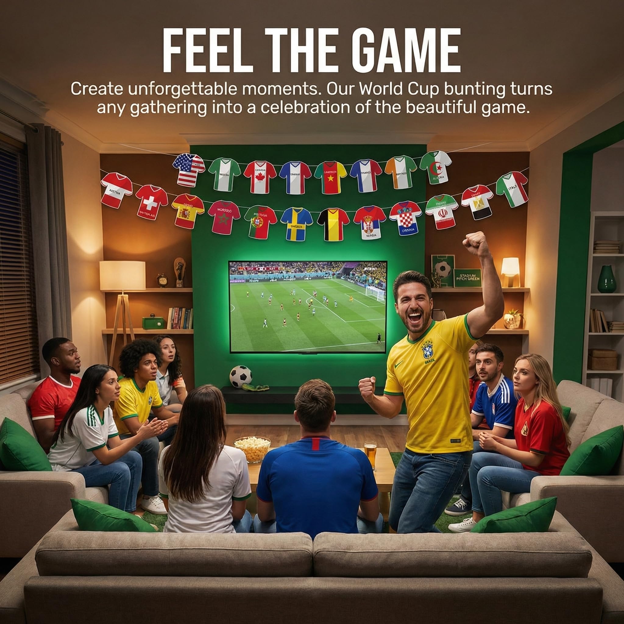 Decorazioni per i Mondiali 2026, bandierine in stile maglia, ghirlande con le maglie di tutte le squadre per feste a tema calcio, vivaci gagliardetti internazionali per fan zone, bar, tailgate e fest