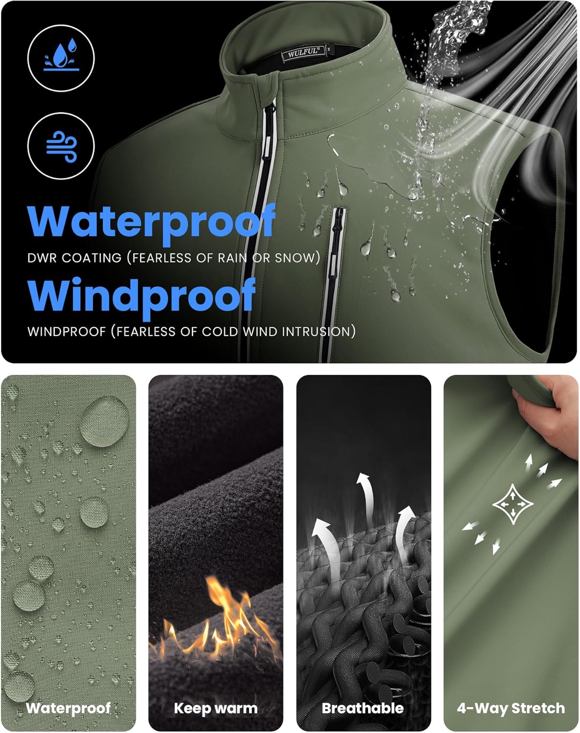 WULFUL Men's Windproof Lightweight Golf Vest Outerwear with Pockets, Softshell Sleeveless Jacket for Travel Hiking Running - Image 4