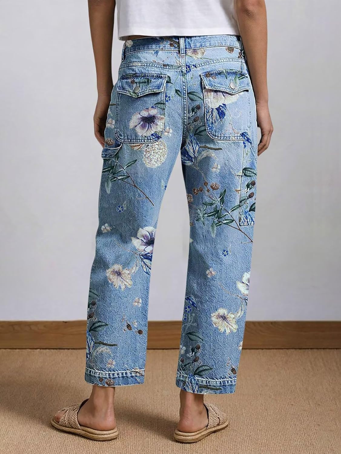 Flamingals Mid Rise Barrel Leg Jeans for Women Wash Floral Print Flap Casual Denim Jeans with Pockets