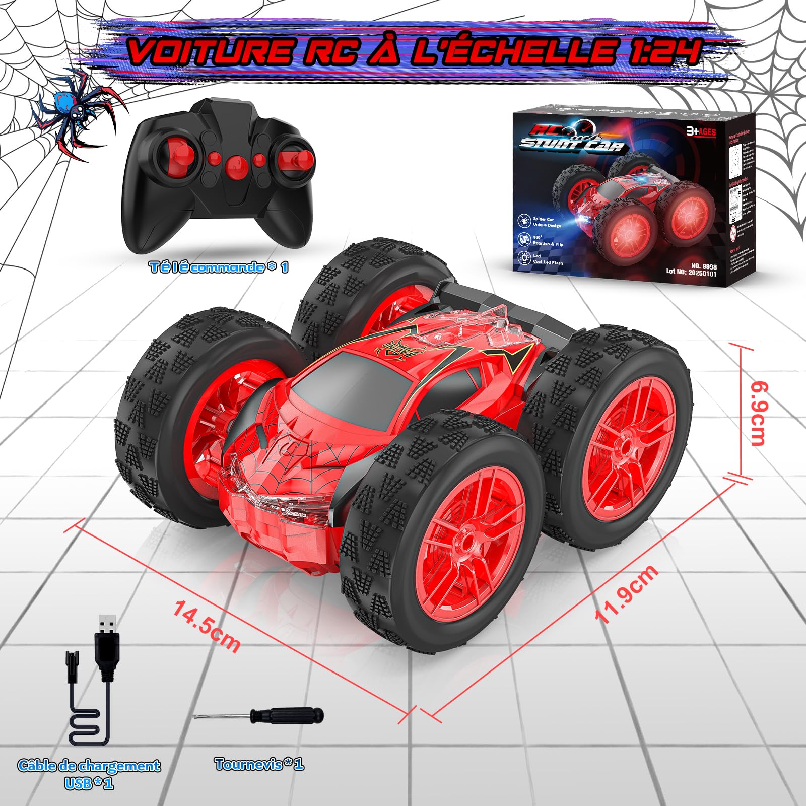 Voiture Télécommandée Spider Jouet, 2.4GHz Voiture Radiocommandée avec LED, Stunt Remote Control Car Jeux Extérieur, 360° Rotation RC Crawlers, Noël Anniversaire Cadeau Garçon Fille Enfant 3+ Ans