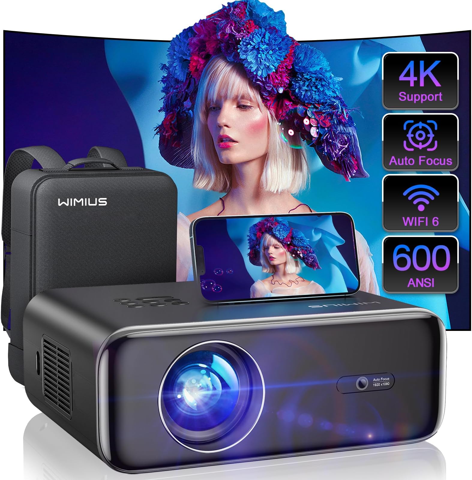 WiMiUS P62 Projector with WiFi 6 and Bluetooth 5.2, 600ANSI Native 1080P Outdoor Movie Projector, Auto 6D Keystone & 50% Zoom, Smart Home Projector for iOS/Android/TV Stick (Renewed)