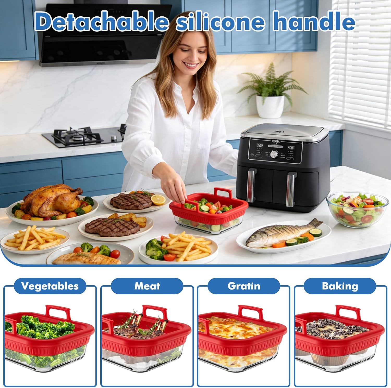 Air Fryer Accessories for Ninja Dual Basket 9 Qt, Square Air Fryer 4 Qt & Oven, Air Fryer Glass Liners with Silicone Handles, Heat-resistant, Dishwasher-safe, BPA-free (1 Compartment-Red)