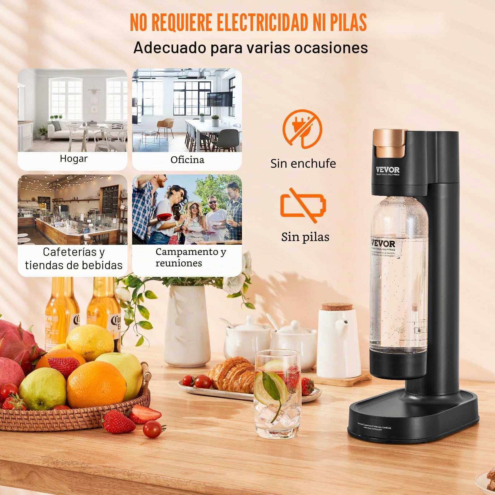 VEVOR Máquina para Hacer Agua con Gas, Máquina para Hacer Refrescos para Carbonatar en el Hogar, Kit de Inicio de Agua con Gas, Compatible con Cilindro de CO₂ de 60 Litros Atornillado, Negro