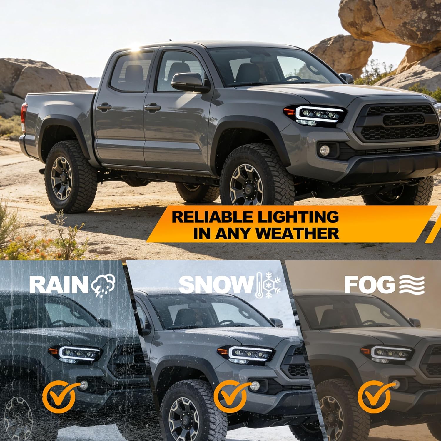 LED Triple Projector Headlights for 2016-2023 Toyota Tacoma 3rd Gen (Not Fit Factory LED Headlights w/LED DRL High/Low Beam Lens Amber Side Marker Lights Head Lamps LH+RH