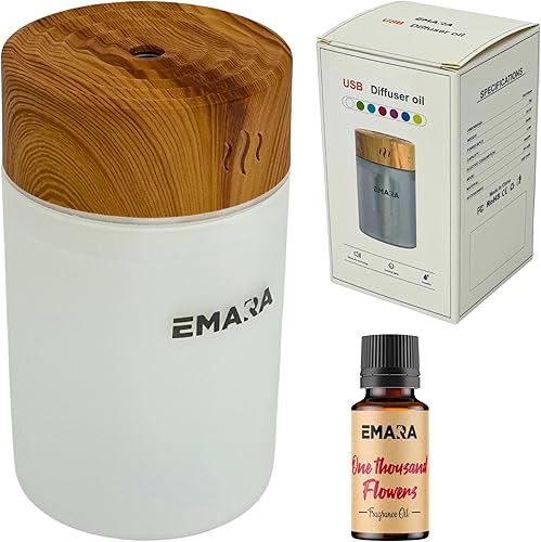Emara Mini difusor para aceites esenciales, luces LED de grano de madera USB de 8.8 fl oz, incluye aceite de 0.5 fl oz, difusor portátil para