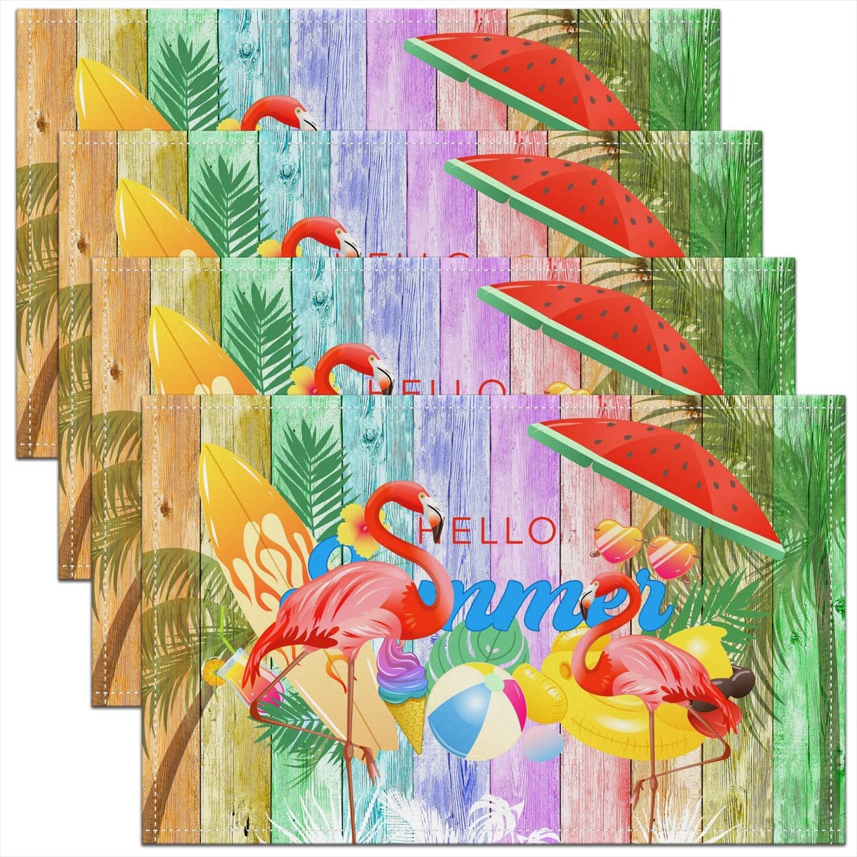 Richhome Color 05 Watercolor Flamingo Placemats 12X18 Inch Set Of 4 Lovely Wild Animal Tropical Leaves Place Mats For Kids Teens Adults Rainbow Wooden Stripes Summer Kitchen Mats For Dining Table